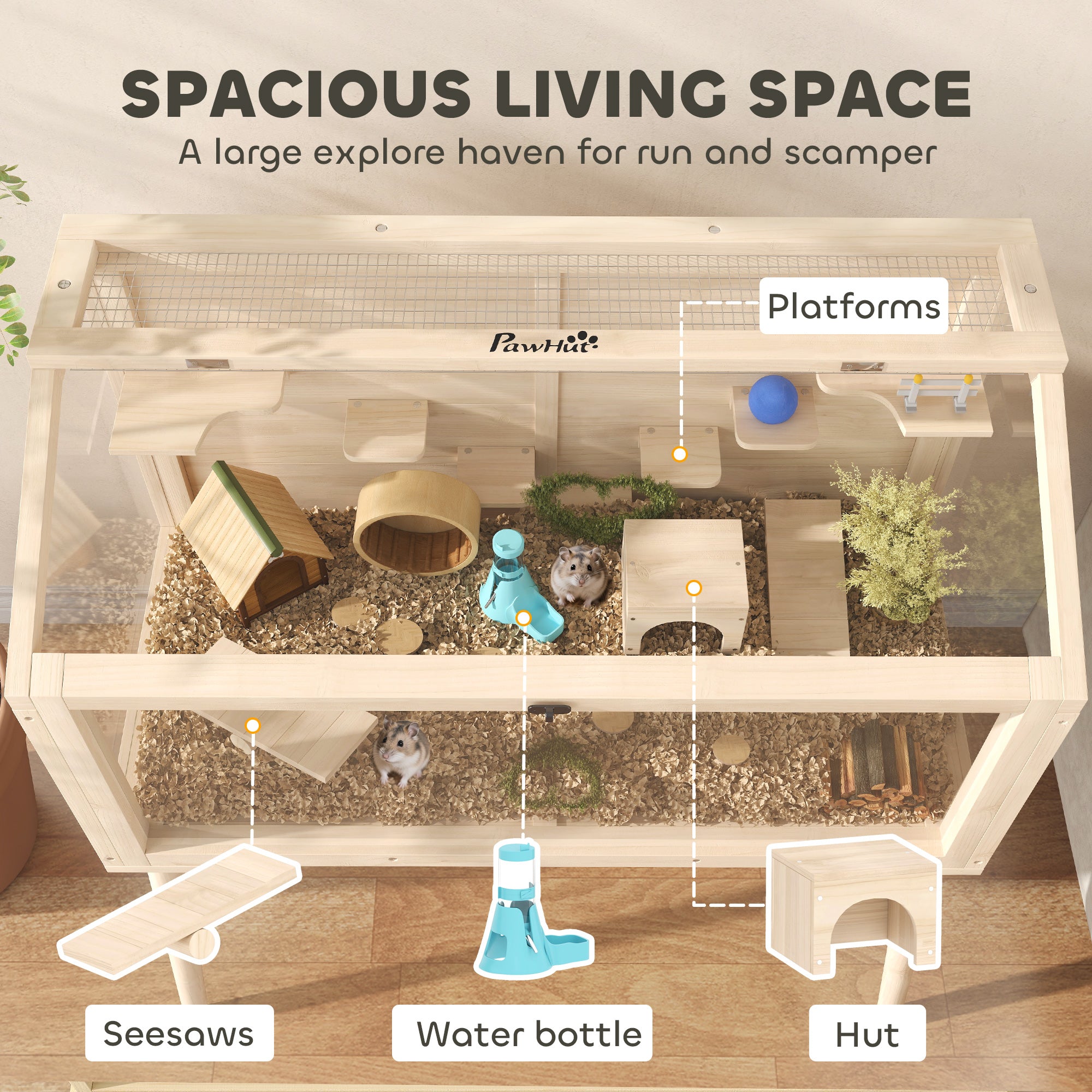 Wooden Hamster Cage, Gerbil Cage with Openable Top, Seesaws, Platforms, Water Bottle, Hamster Habitat with Transparent Viewing for Syrian, Dwarf, Rats, 43.3" x 20.5" x 39.8"