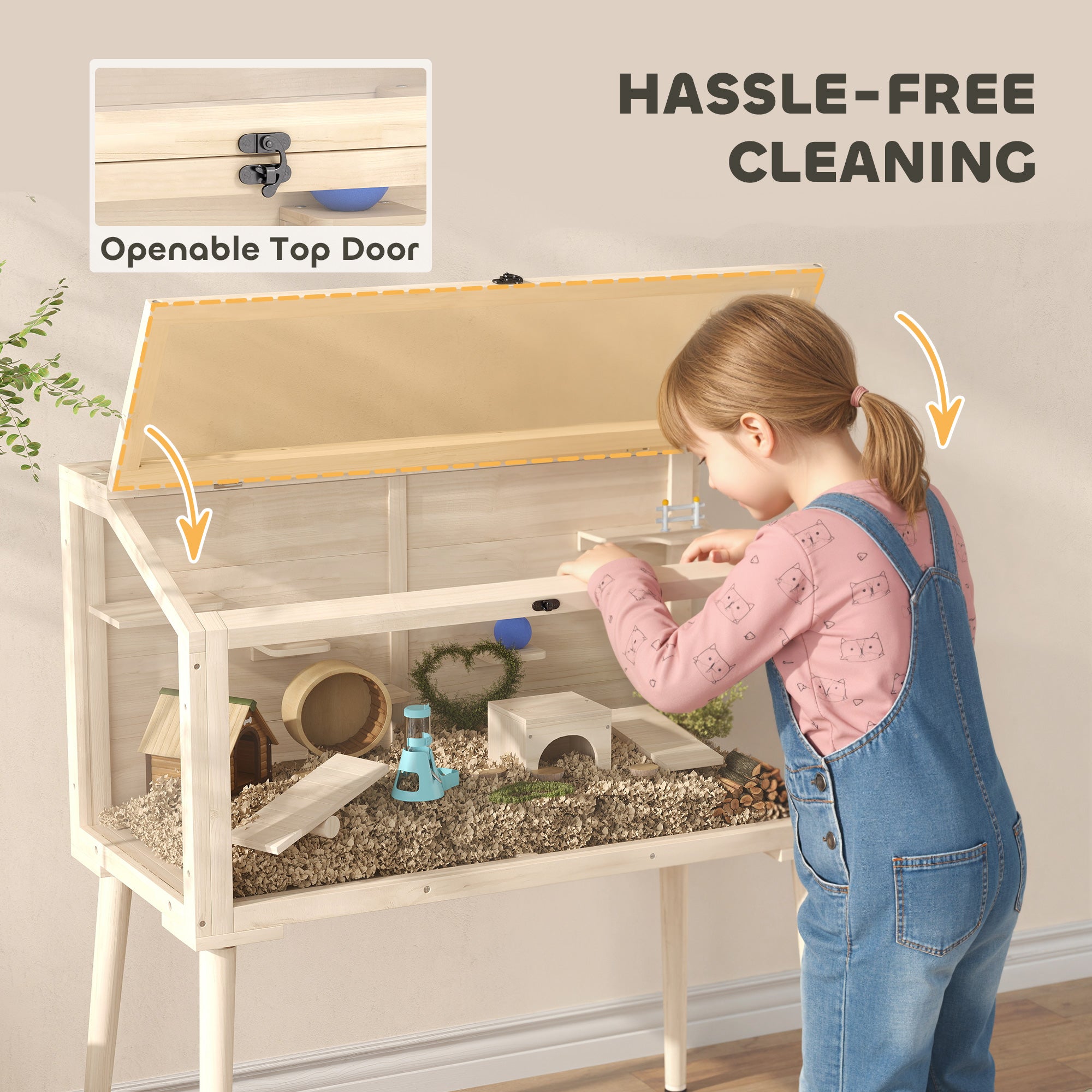 Wooden Hamster Cage, Gerbil Cage with Openable Top, Seesaws, Platforms, Water Bottle, Hamster Habitat with Transparent Viewing for Syrian, Dwarf, Rats, 43.3" x 20.5" x 39.8"