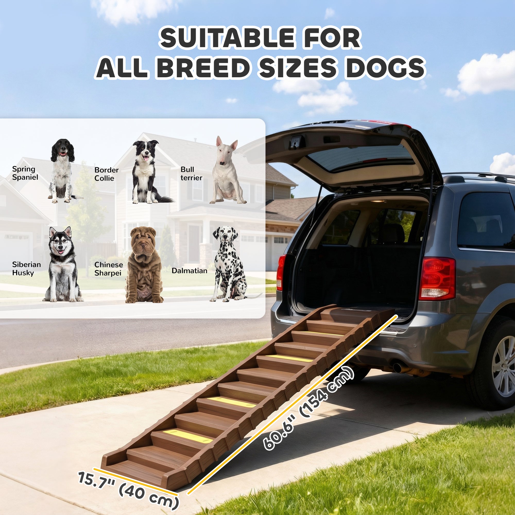 Dog Ramp for Cars, Trucks, SUVs, Foldable 10 Step Pet Stairs Non-Slip for Small to Medium Dogs, Lightweight Pet Ramp Supports up to 150 lbs., for Indoor Outdoor, Brown