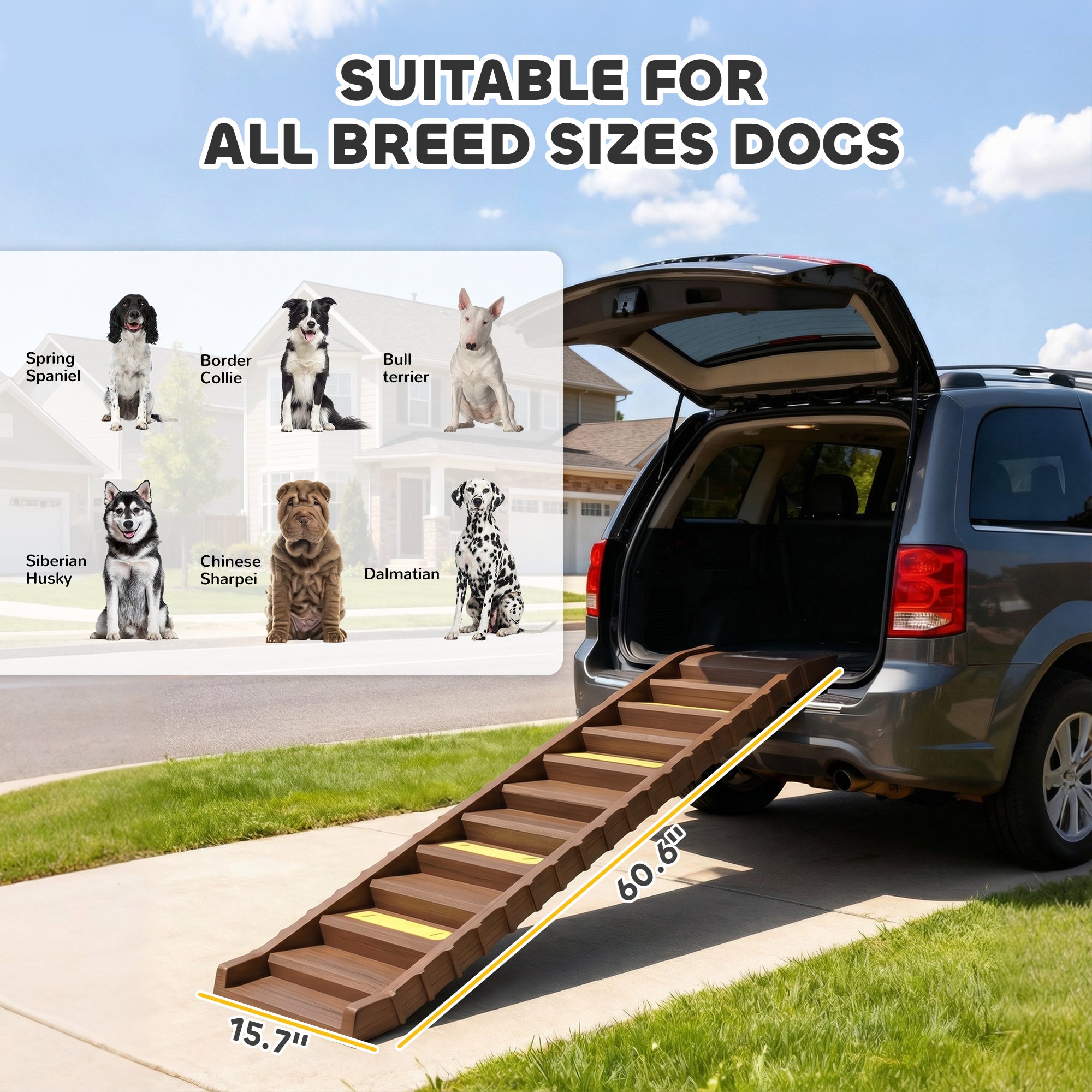 Dog Stairs for Car Truck SUV, Foldable Dog Ramp for Medium Small Dogs, Folding Pet Stairs with Non-slip Strips & Pads, Supports Up to 150 lbs (10 Steps), Brown