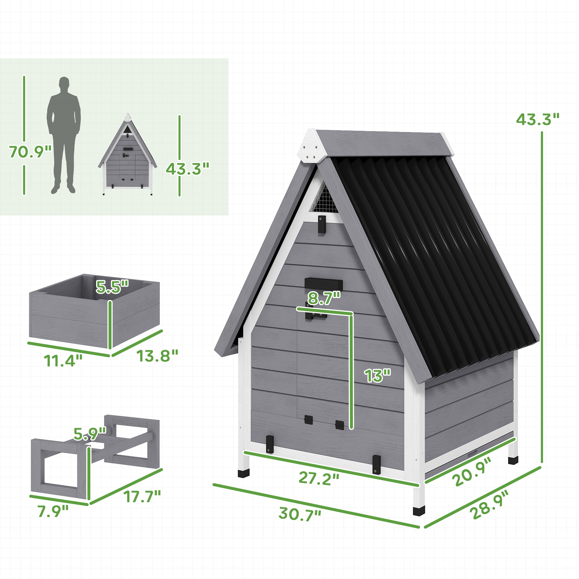 Chicken Coop for 2 Hens, Outdoor Wooden Chicken House with Removable Nesting Box & Roosting Bar, Tray, Ramp, Poultry Cage Rabbit Hutch, 31" x 29" x 43", Grey