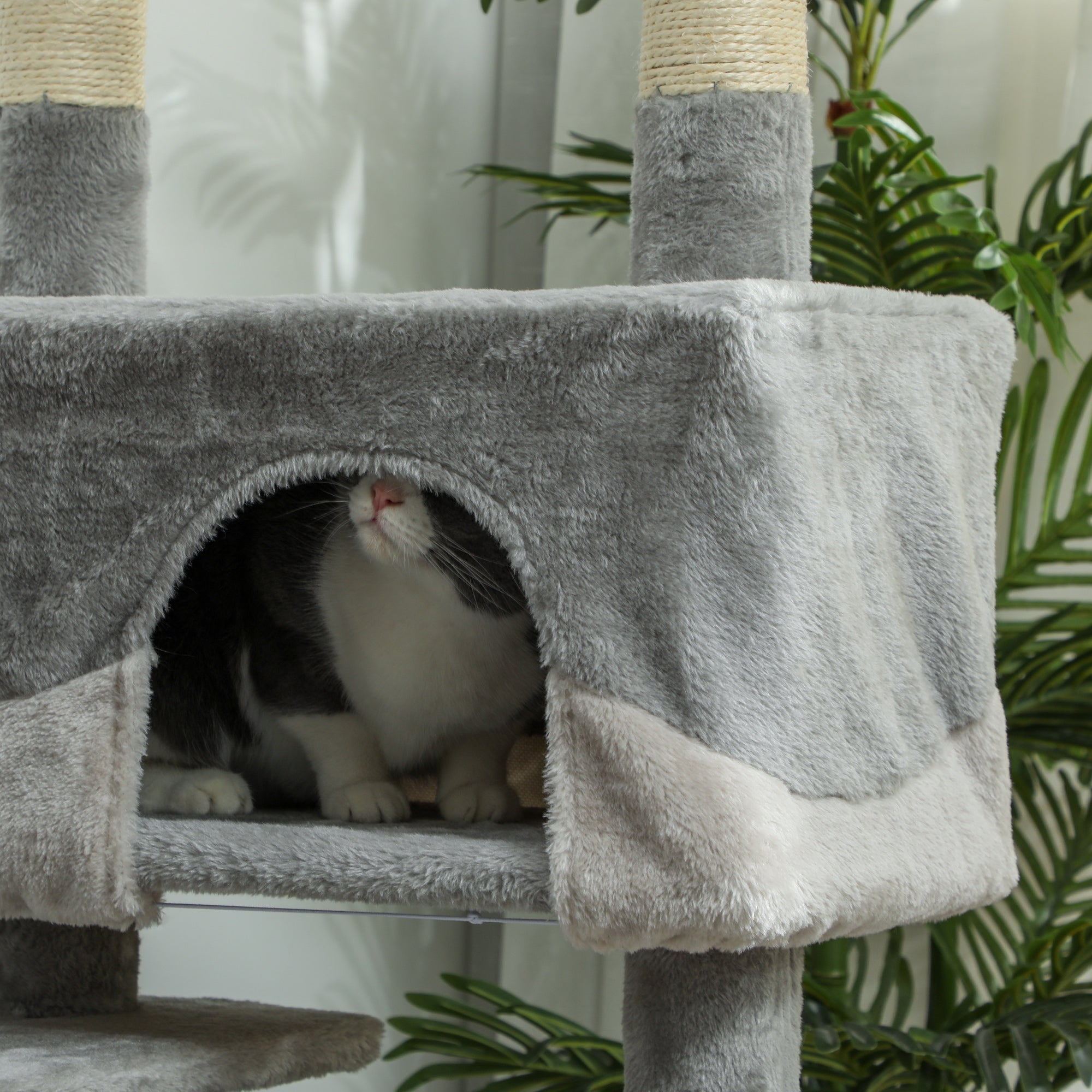 53" Cat Tree Tower, Large Cat Condo Furniture Multi-Level Activity Center with Scratching Posts, Perches, Ramp, Dangling Balls - Grey
