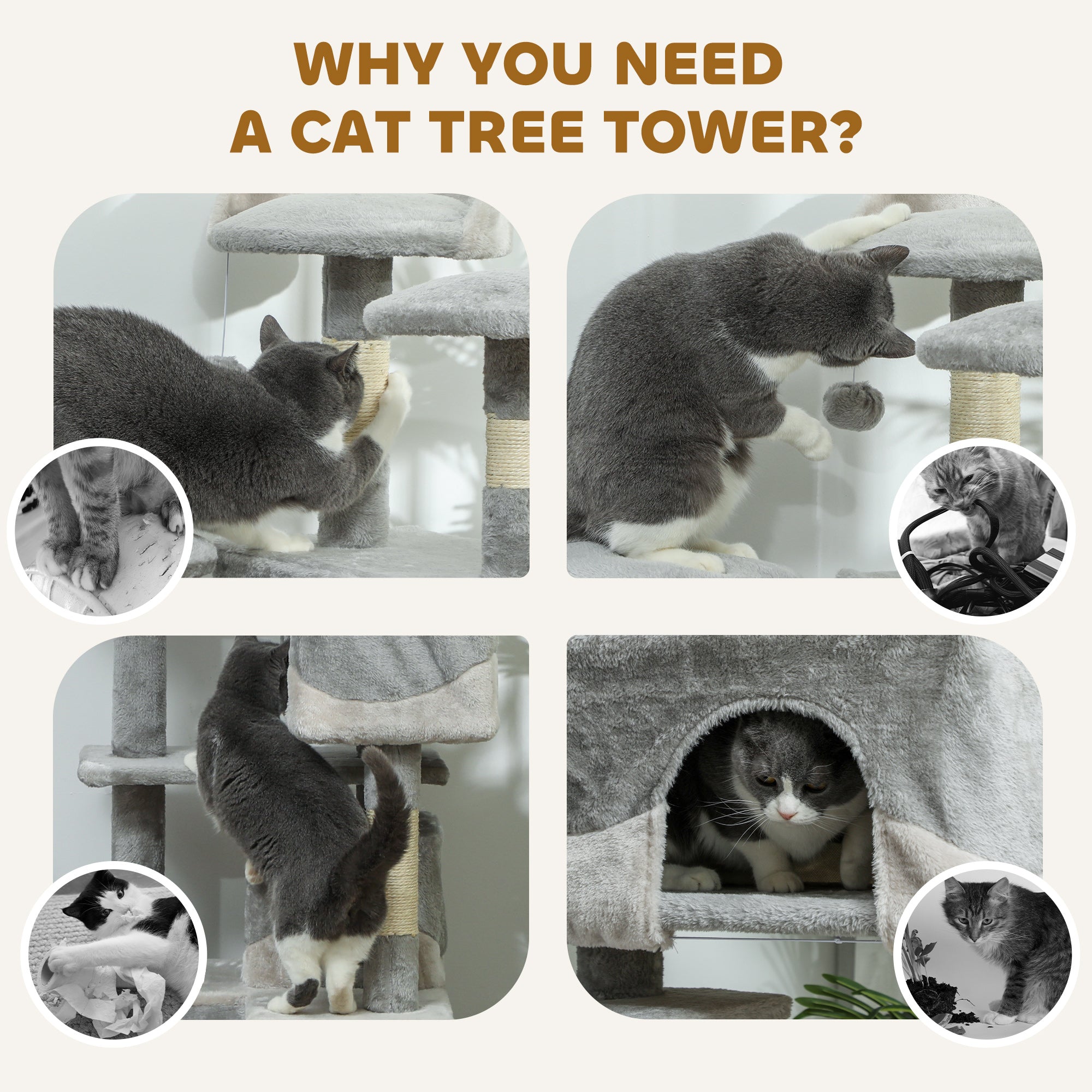 53" Cat Tree Tower, Large Cat Condo Furniture Multi-Level Activity Center with Scratching Posts, Perches, Ramp, Dangling Balls - Grey