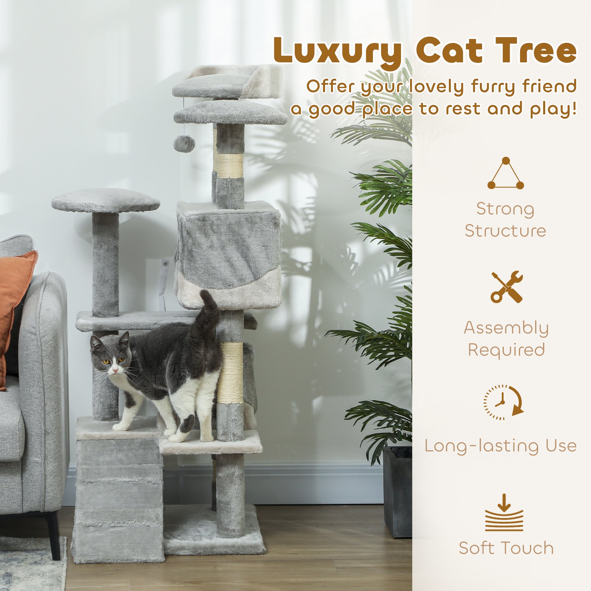 53" Cat Tree Tower, Large Cat Condo Furniture Multi-Level Activity Center with Scratching Posts, Perches, Ramp, Dangling Balls - Grey