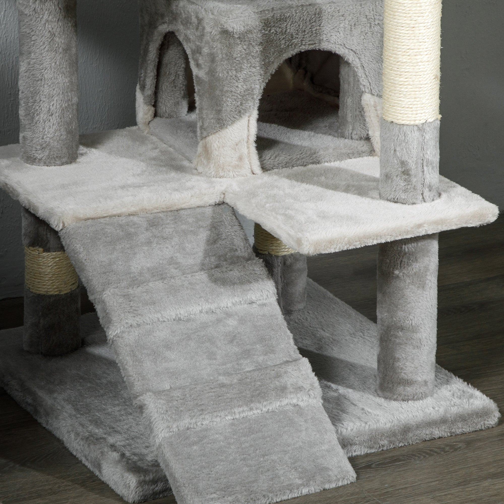 53" Cat Tree Tower, Large Cat Condo Furniture Multi-Level Activity Center with Scratching Posts, Perches, Ramp, Dangling Balls - Grey