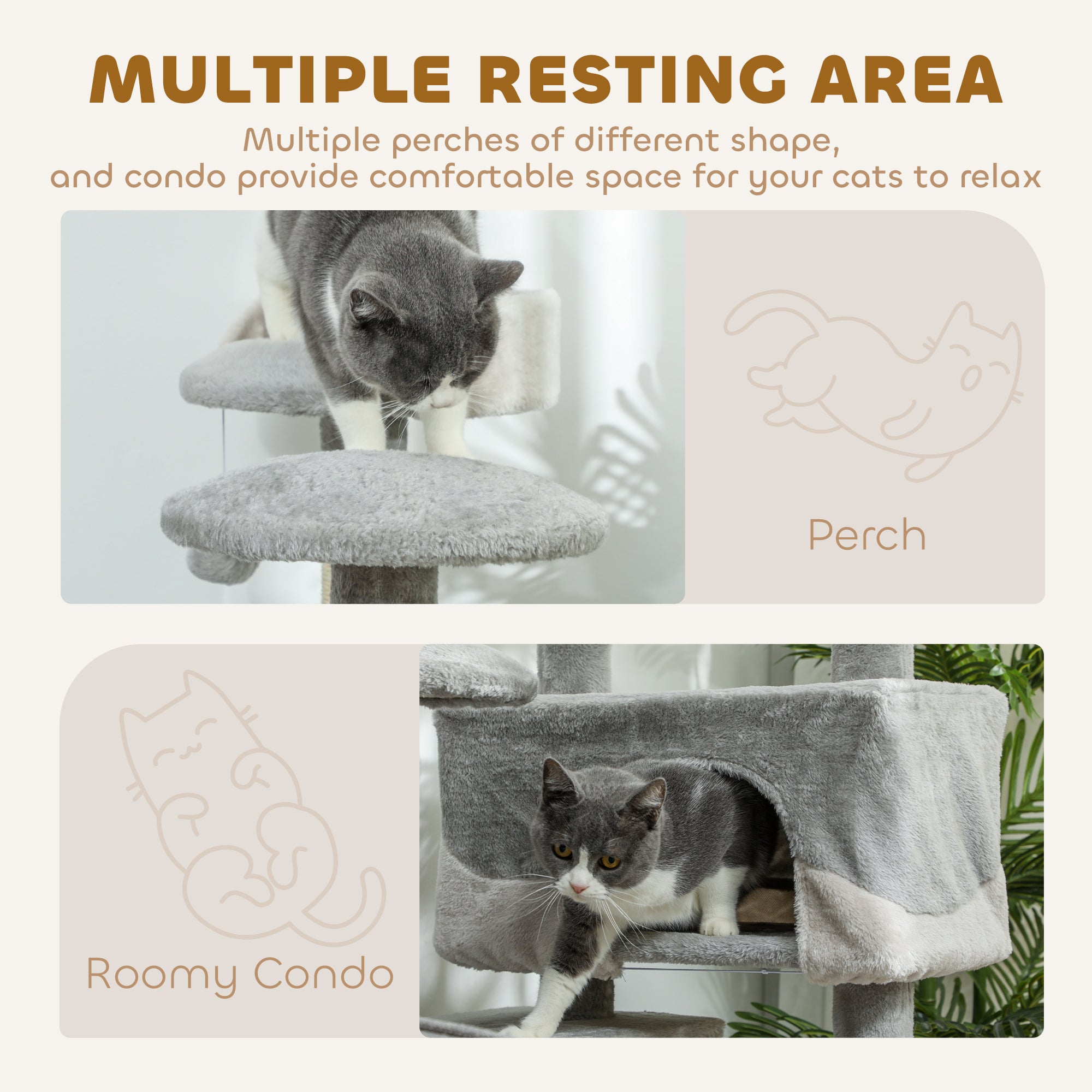 53" Cat Tree Tower, Large Cat Condo Furniture Multi-Level Activity Center with Scratching Posts, Perches, Ramp, Dangling Balls - Grey