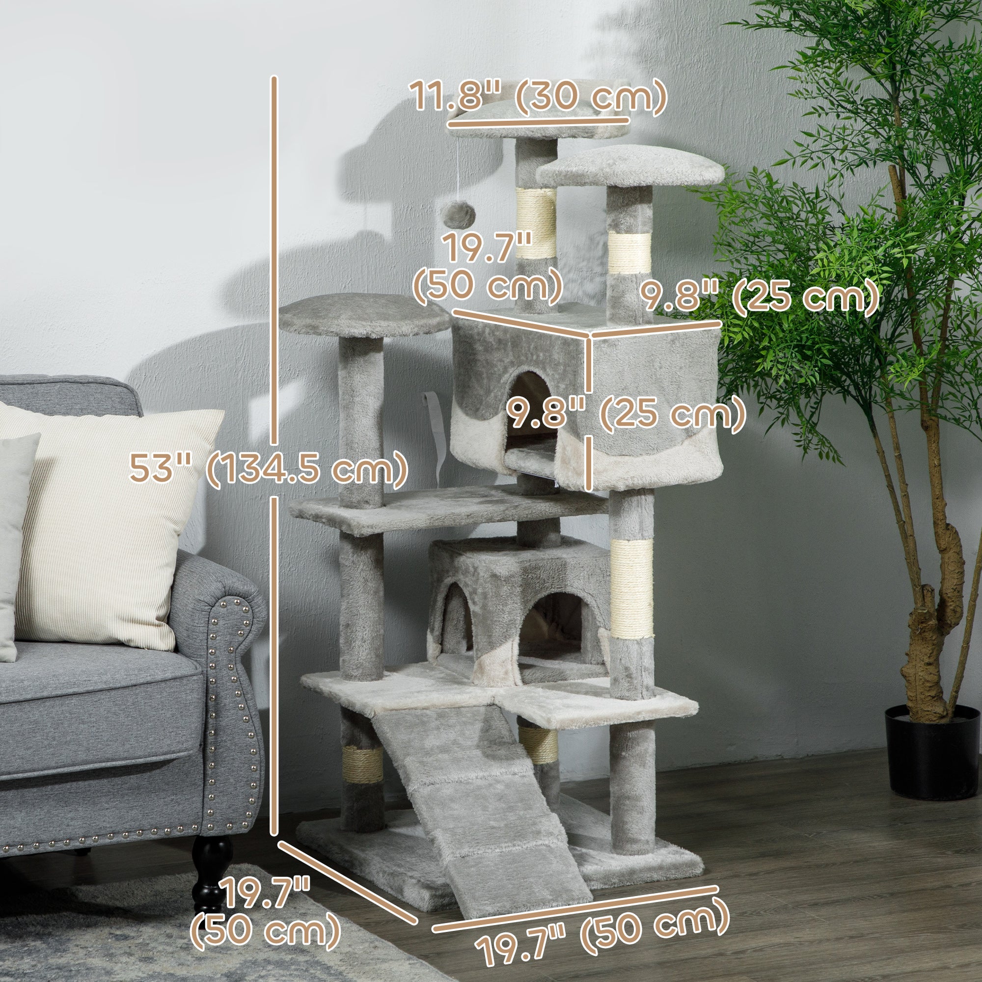 53" Cat Tree Tower, Large Cat Condo Furniture Multi-Level Activity Center with Scratching Posts, Perches, Ramp, Dangling Balls - Grey
