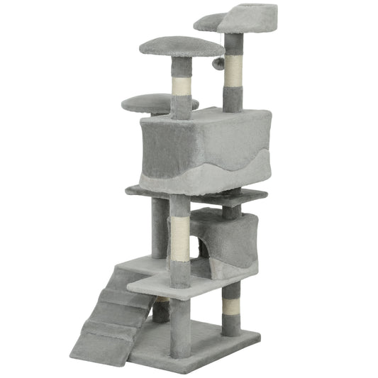 53" Cat Tree Tower, Large Cat Condo Furniture Multi-Level Activity Center with Scratching Posts, Perches, Ramp, Dangling Balls - Grey