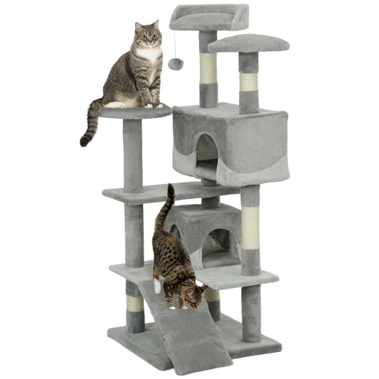 53" Cat Tree Tower, Large Cat Condo Furniture Multi-Level Activity Center with Scratching Posts, Perches, Ramp, Dangling Balls - Grey