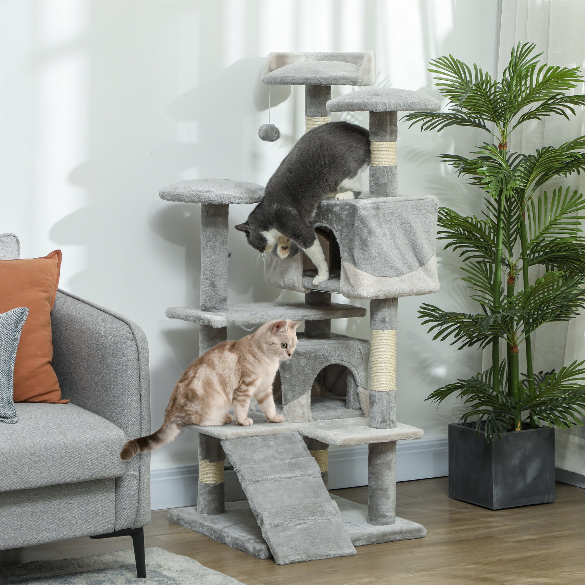 53" Cat Tree Tower, Large Cat Condo Furniture Multi-Level Activity Center with Scratching Posts, Perches, Ramp, Dangling Balls - Grey