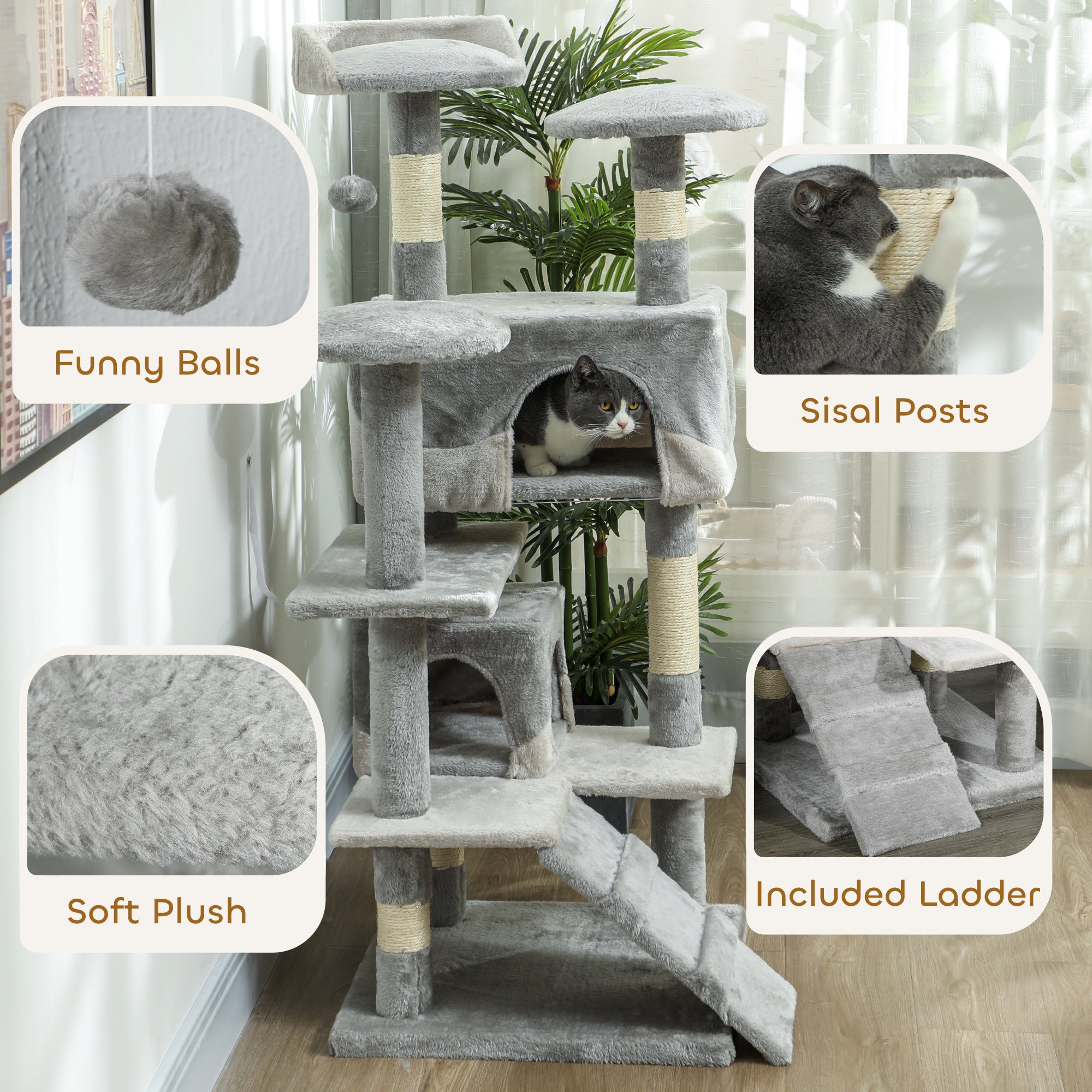 53" Cat Tree Tower, Large Cat Condo Furniture Multi-Level Activity Center with Scratching Posts, Perches, Ramp, Dangling Balls - Grey