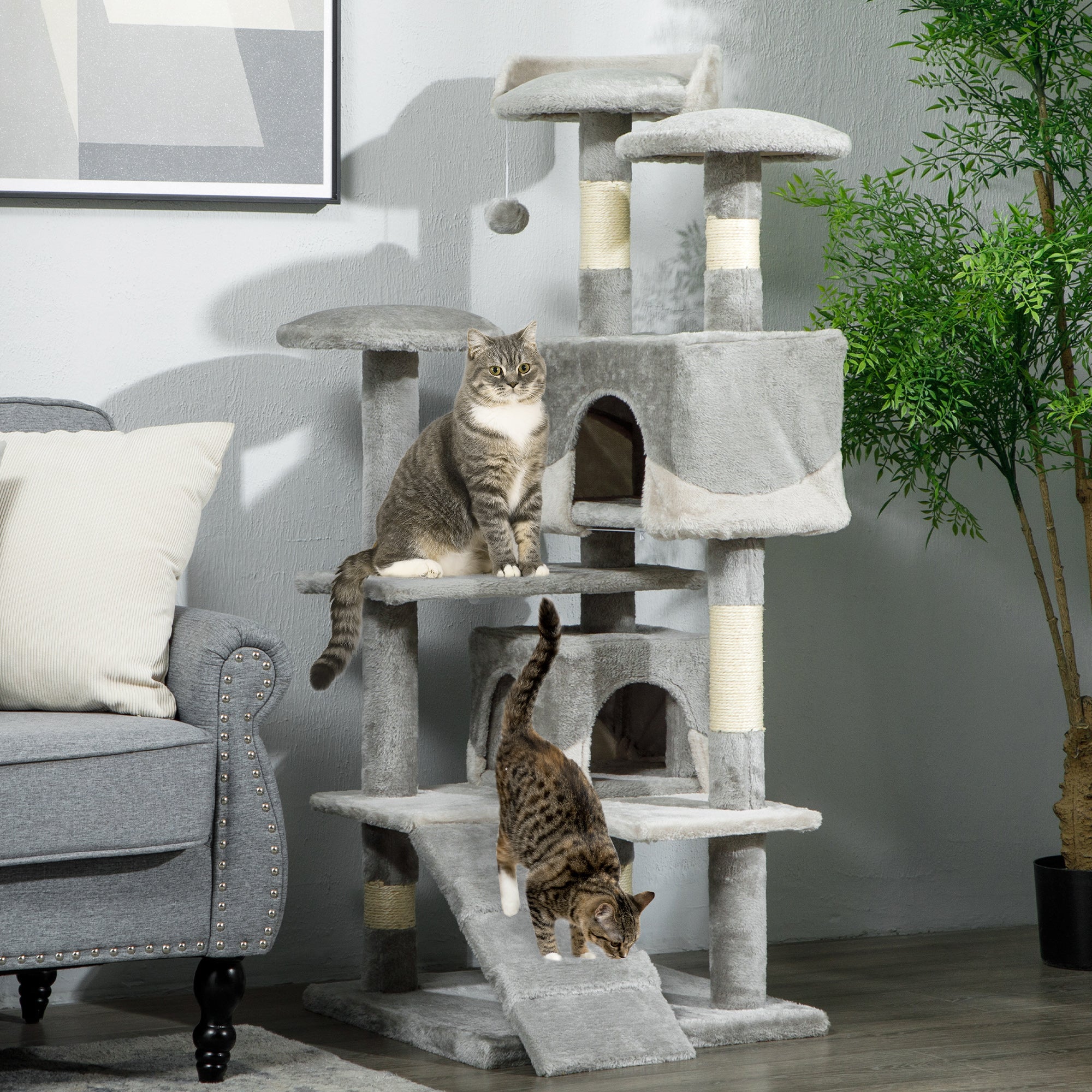53" Cat Tree Tower, Large Cat Condo Furniture Multi-Level Activity Center with Scratching Posts, Perches, Ramp, Dangling Balls - Grey