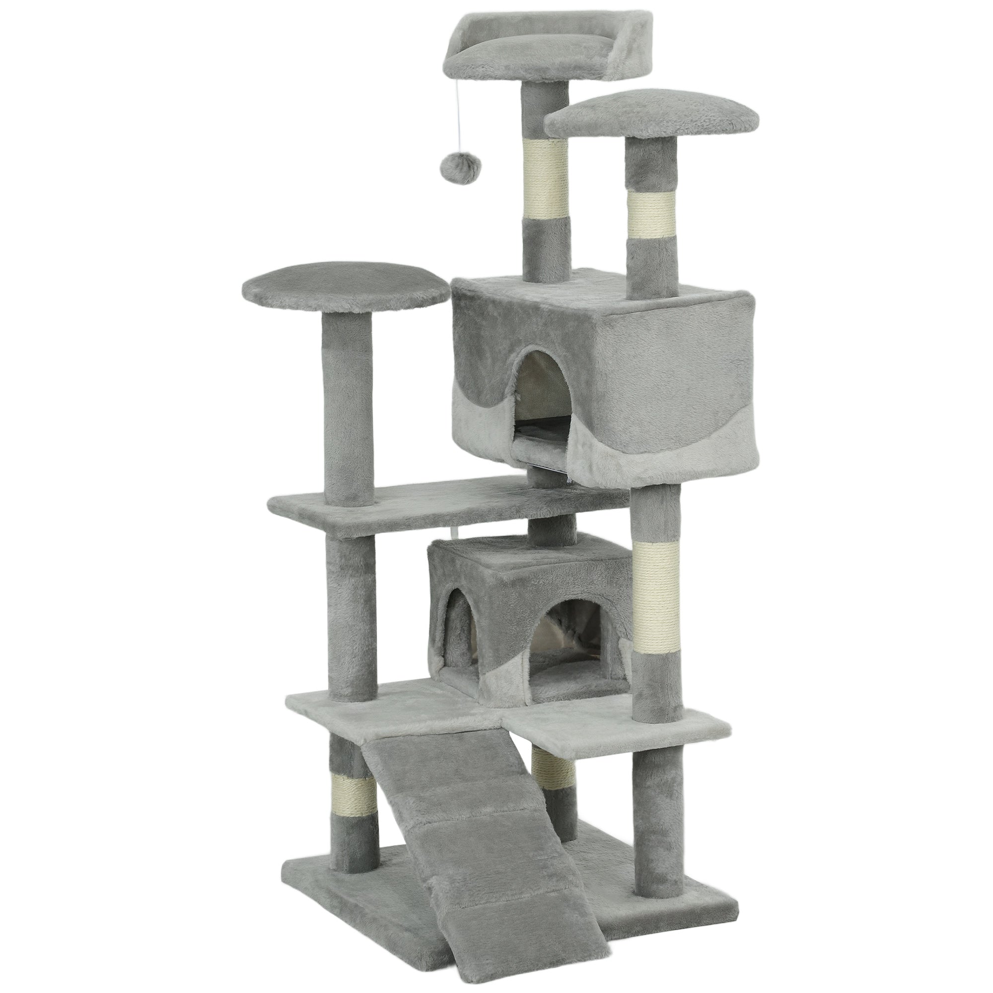 53" Cat Tree Tower, Large Cat Condo Furniture Multi-Level Activity Center with Scratching Posts, Perches, Ramp, Dangling Balls - Grey