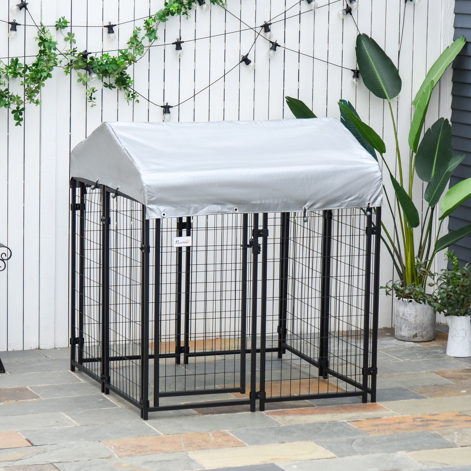 4' x 4' x 4.5' Large Outdoor Dog Kennel Run Steel Fence with UV-Resistant Oxford Cloth Roof & Secure Lock