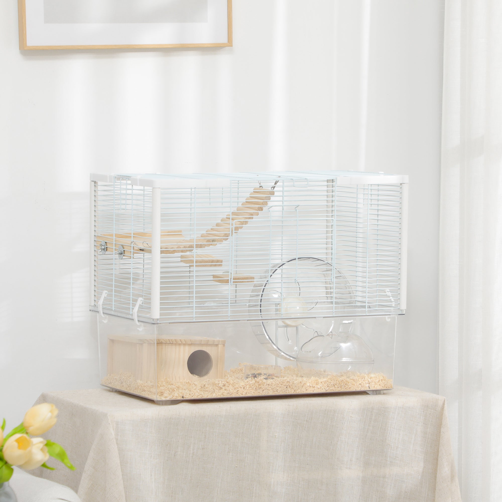 Hamster Cage, Transparent Small Animal House with Deep Bottom, Wooden Ramp, Hut, Bathroom and Exercise Wheel for Hamster and Gerbil, 23.2" L x 14" W x 18.5" H, White