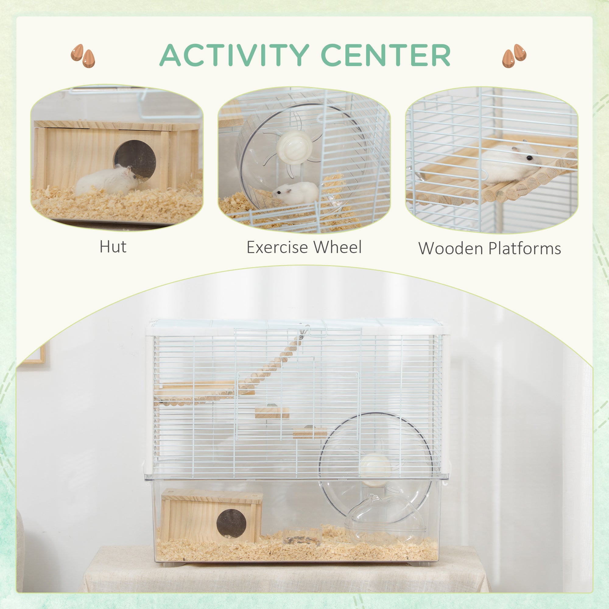 Hamster Cage, Transparent Small Animal House with Deep Bottom, Wooden Ramp, Hut, Bathroom and Exercise Wheel for Hamster and Gerbil, 23.2" L x 14" W x 18.5" H, White