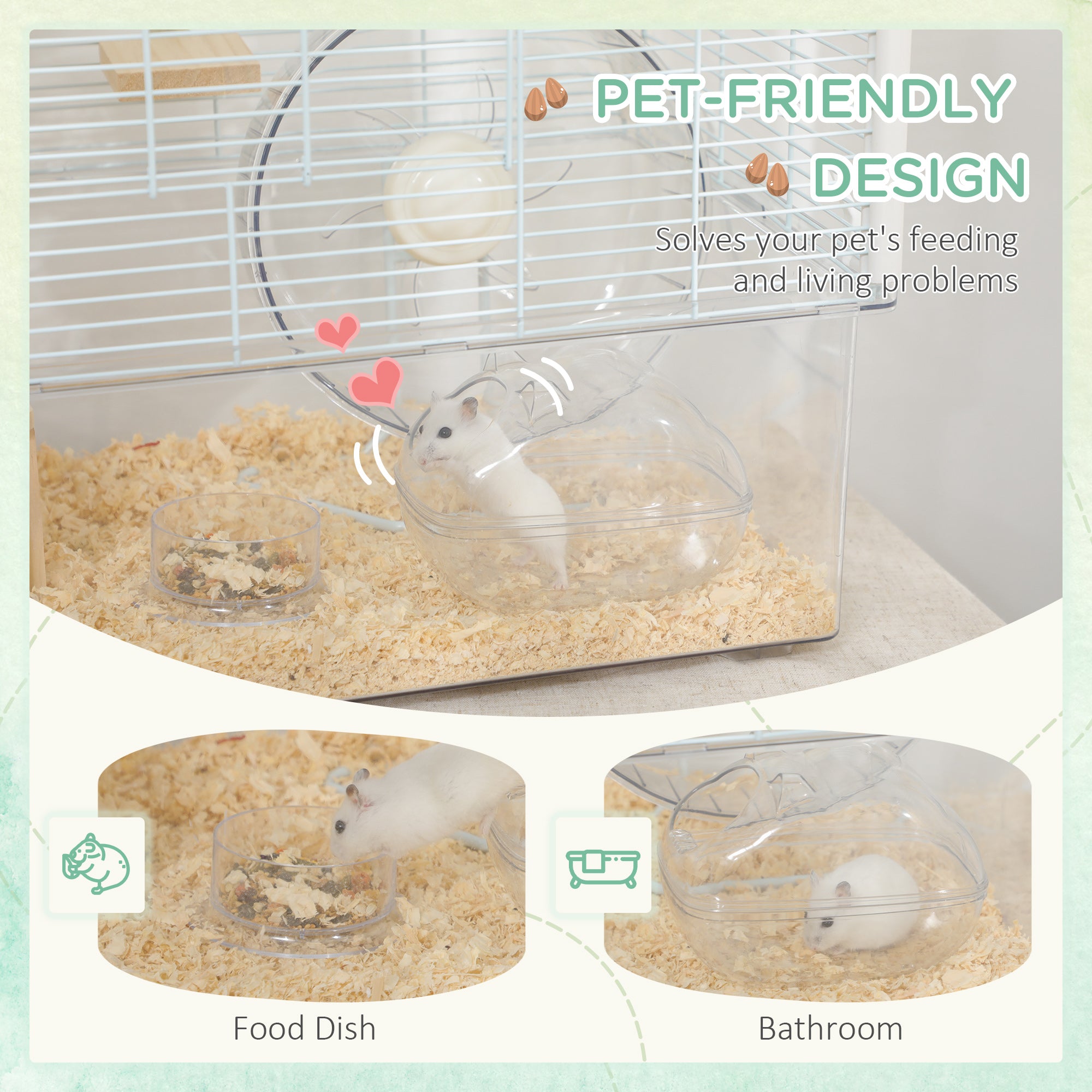 Hamster Cage, Transparent Small Animal House with Deep Bottom, Wooden Ramp, Hut, Bathroom and Exercise Wheel for Hamster and Gerbil, 23.2" L x 14" W x 18.5" H, White