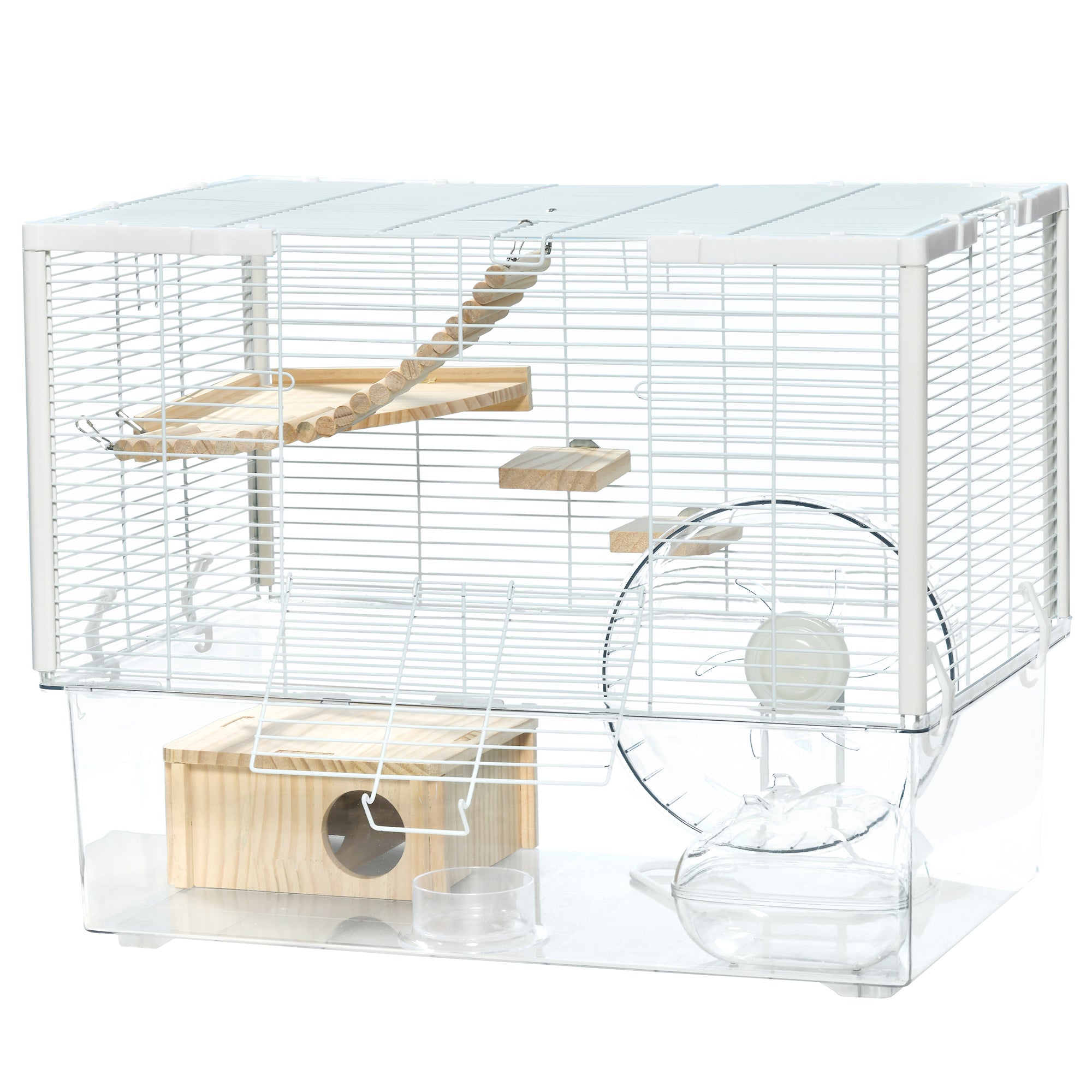 Hamster Cage, Transparent Small Animal House with Deep Bottom, Wooden Ramp, Hut, Bathroom and Exercise Wheel for Hamster and Gerbil, 23.2" L x 14" W x 18.5" H, White