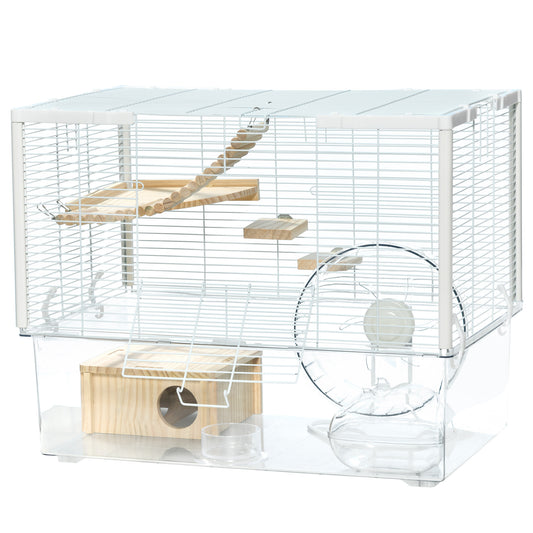 Hamster Cage, Transparent Small Animal House with Deep Bottom, Wooden Ramp, Hut, Bathroom and Exercise Wheel for Hamster and Gerbil, 23.2" L x 14" W x 18.5" H, White