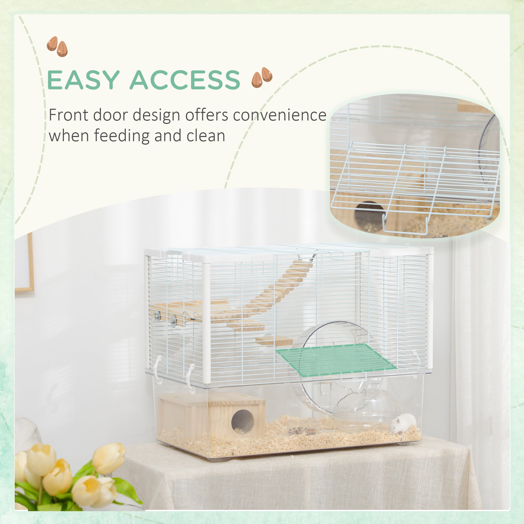 Hamster Cage, Transparent Small Animal House with Deep Bottom, Wooden Ramp, Hut, Bathroom and Exercise Wheel for Hamster and Gerbil, 23.2" L x 14" W x 18.5" H, White