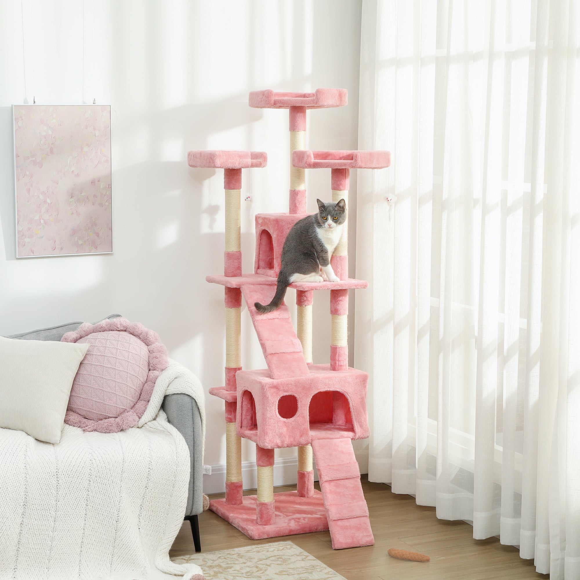 Large Cat Tree, 173 cm Cat Tower with 10 Scratching Posts, 3 Perches, 2 Condos, 1 Ramp, Kitty Climbing Tower, Activity Centre House  for Indoor Kittens, Pink