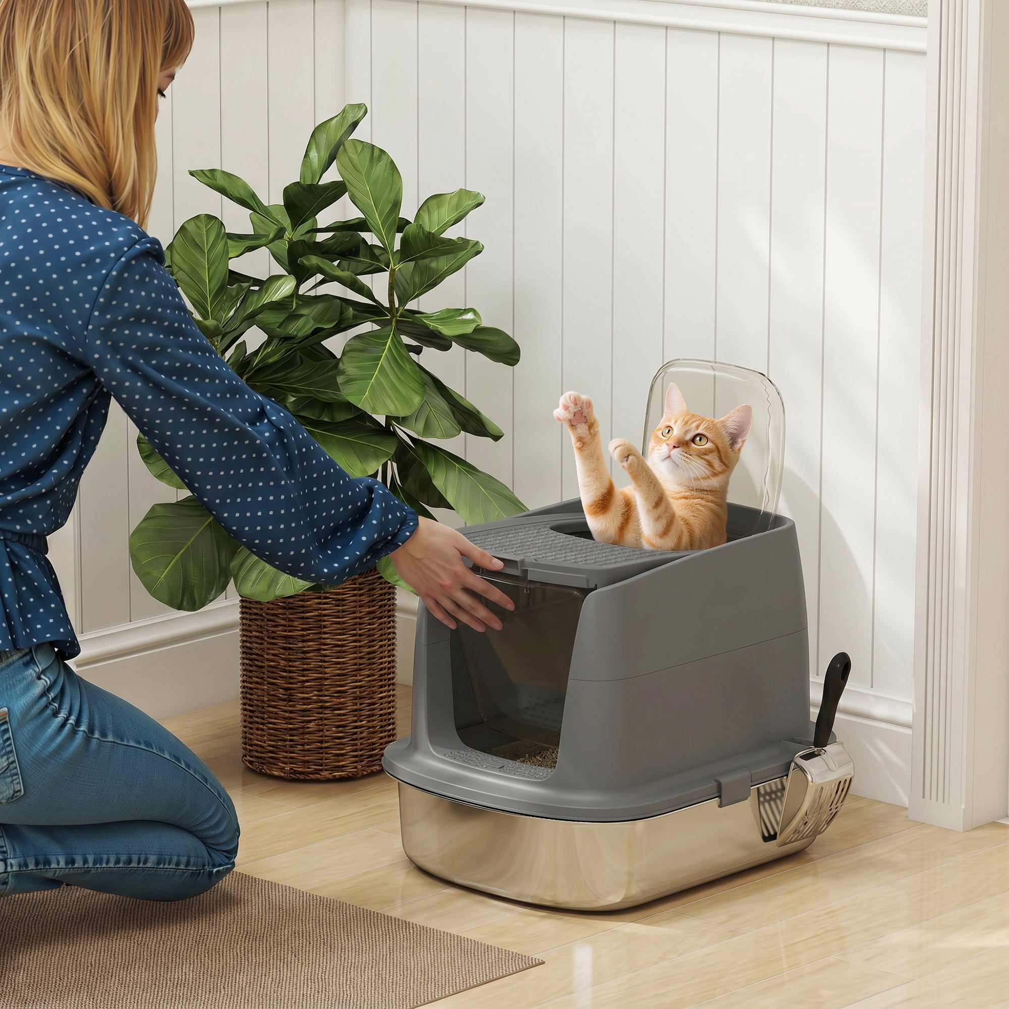 Stainless Steel Litter Box with Lid, Large Hooded Cat Litter Tray with Flip Cover, Metal Scoop, Deodoriser Bag, Non-Sticky, Odour Control and Easy Clean, Dark Grey