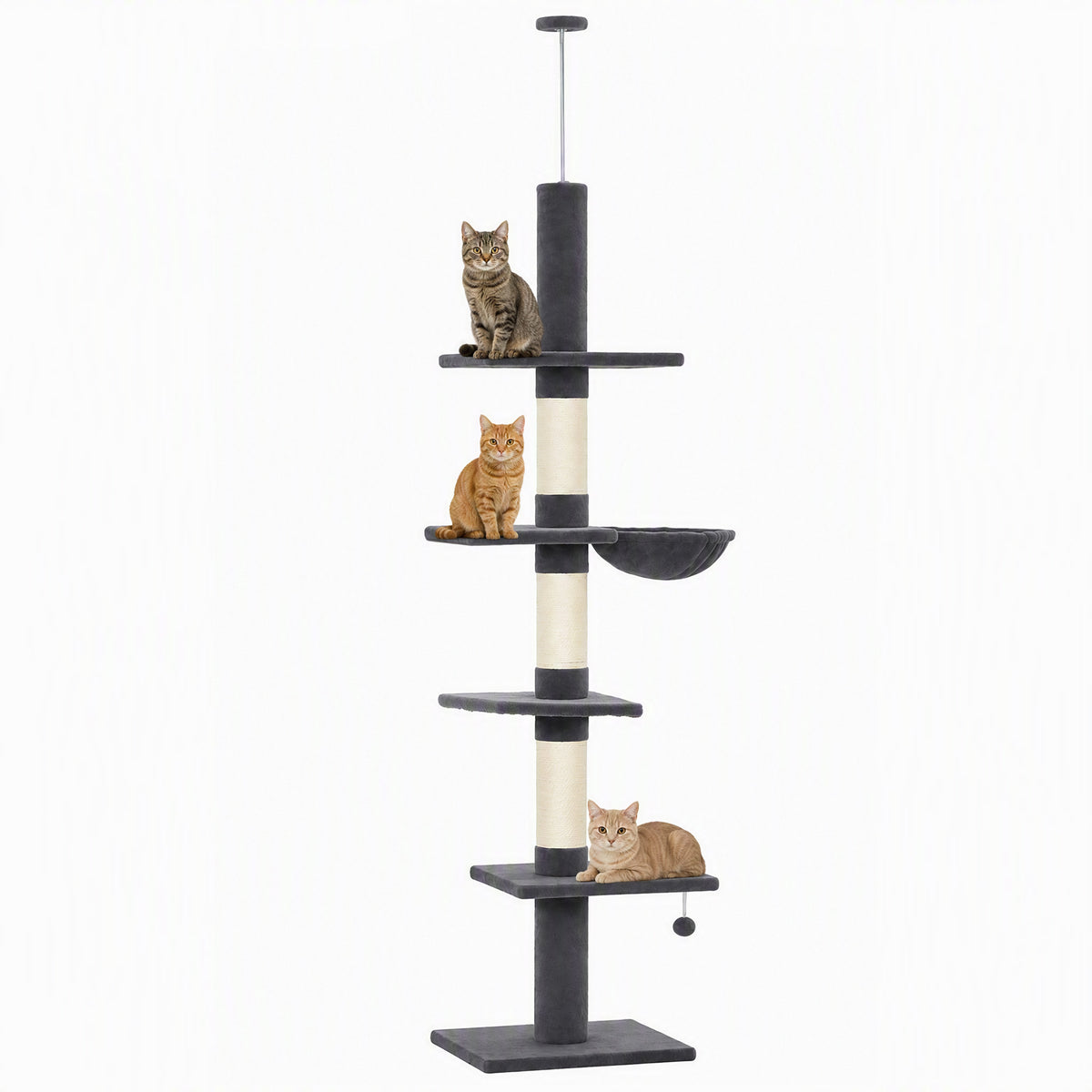 Floor-to-Ceiling Cat Tree, 88.6"-100.4" Adjustable 5-Level Cat Tower with Hammock, 3 Sisal Scratching Posts, Toy Ball, Anti-Tip Rope, Dark Grey