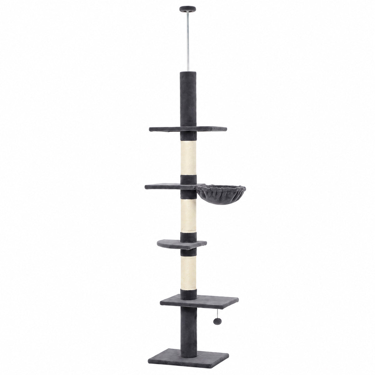 Floor-to-Ceiling Cat Tree, 88.6"-100.4" Adjustable 5-Level Cat Tower with Hammock, 3 Sisal Scratching Posts, Toy Ball, Anti-Tip Rope, Dark Grey
