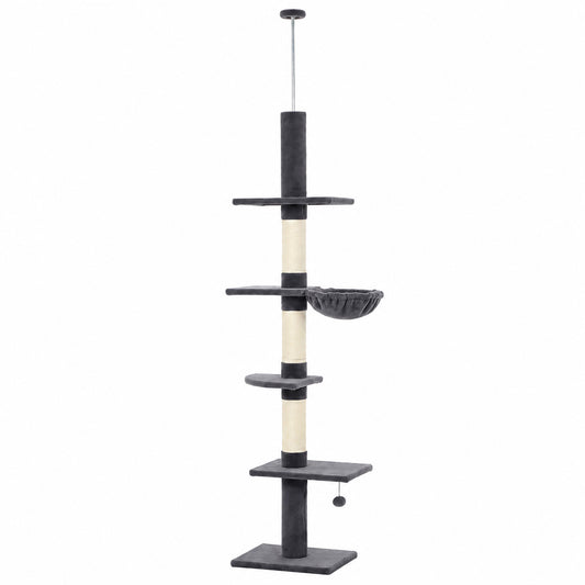 Floor-to-Ceiling Cat Tree, 88.6"-100.4" Adjustable 5-Level Cat Tower with Hammock, 3 Sisal Scratching Posts, Toy Ball, Anti-Tip Rope, Dark Grey