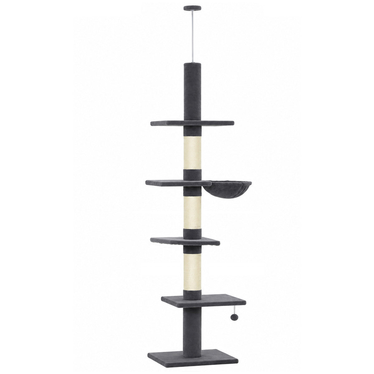 Floor-to-Ceiling Cat Tree, 88.6"-100.4" Adjustable 5-Level Cat Tower with Hammock, 3 Sisal Scratching Posts, Toy Ball, Anti-Tip Rope, Dark Grey
