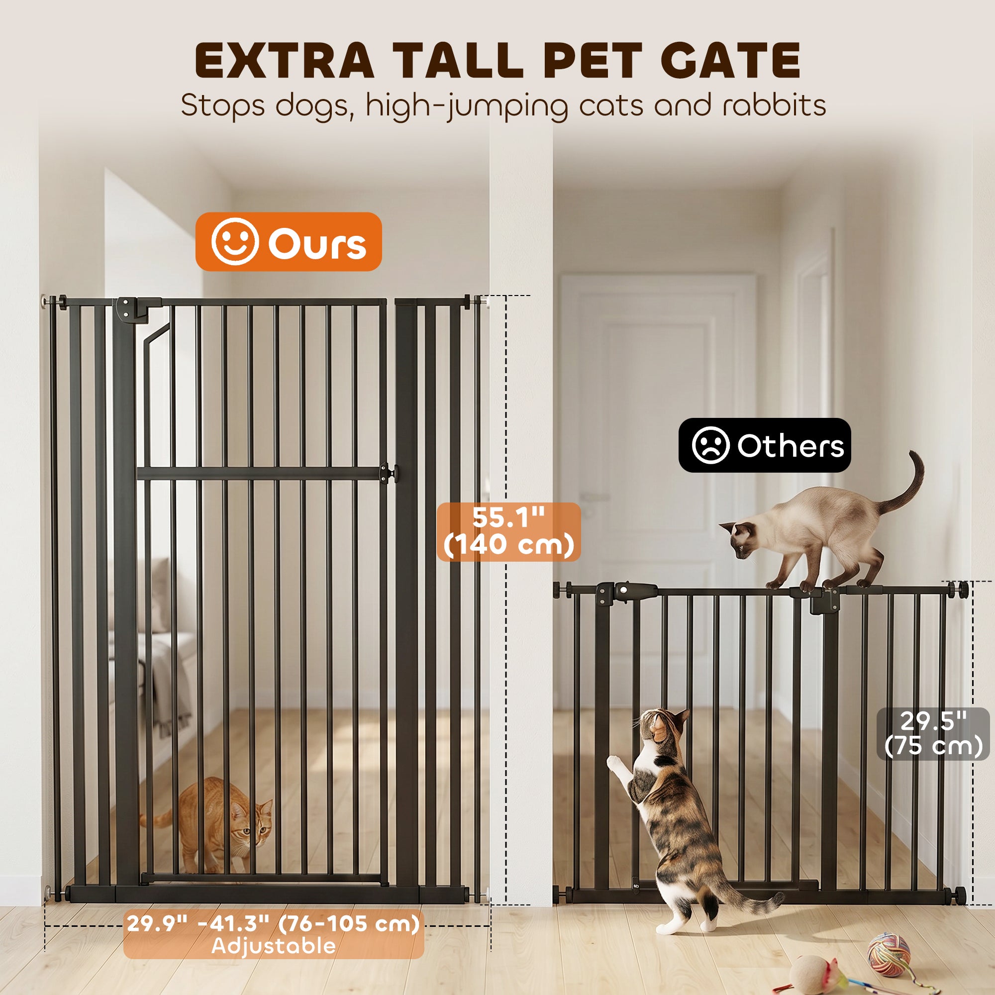 55" Extra Tall Pet Gate for Cats and Dogs, 30-41" Wide Adjustable Pressure Mounted Baby Gate for Doorways, Hallways, Stairs, Includes 2 Extensions, No Drilling, Auto Close