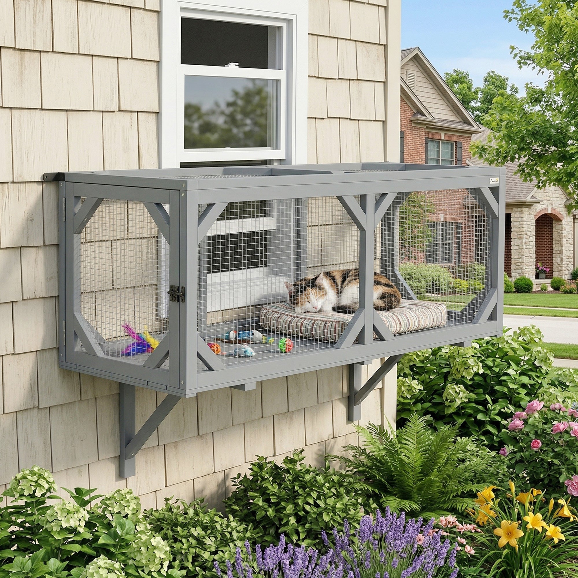 Cat Tunnel, Wooden Catio Outdoor Cat Enclosure with 2 Doors and Extendable Design, Wall-Mounted Pet Run for Indoor/Outdoor Use, Grey