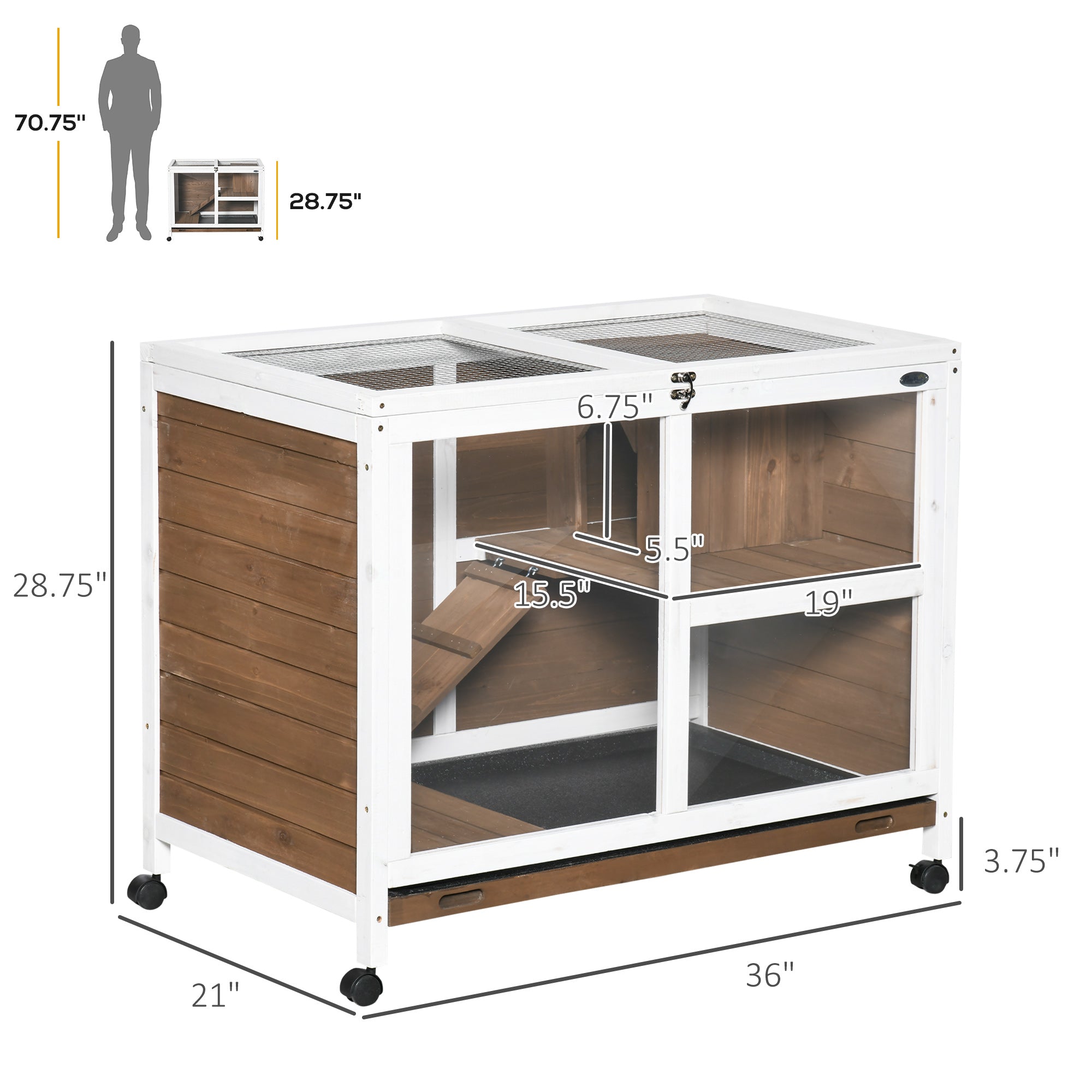 PawHut Rabbit Hutch with Wheels, Desk and Side Table Sized, Wooden Rabbit Cage, Waterproof Small Bunny Cage with Removable Tray, Openable Roof, for Indoor & Outdoor, Brown