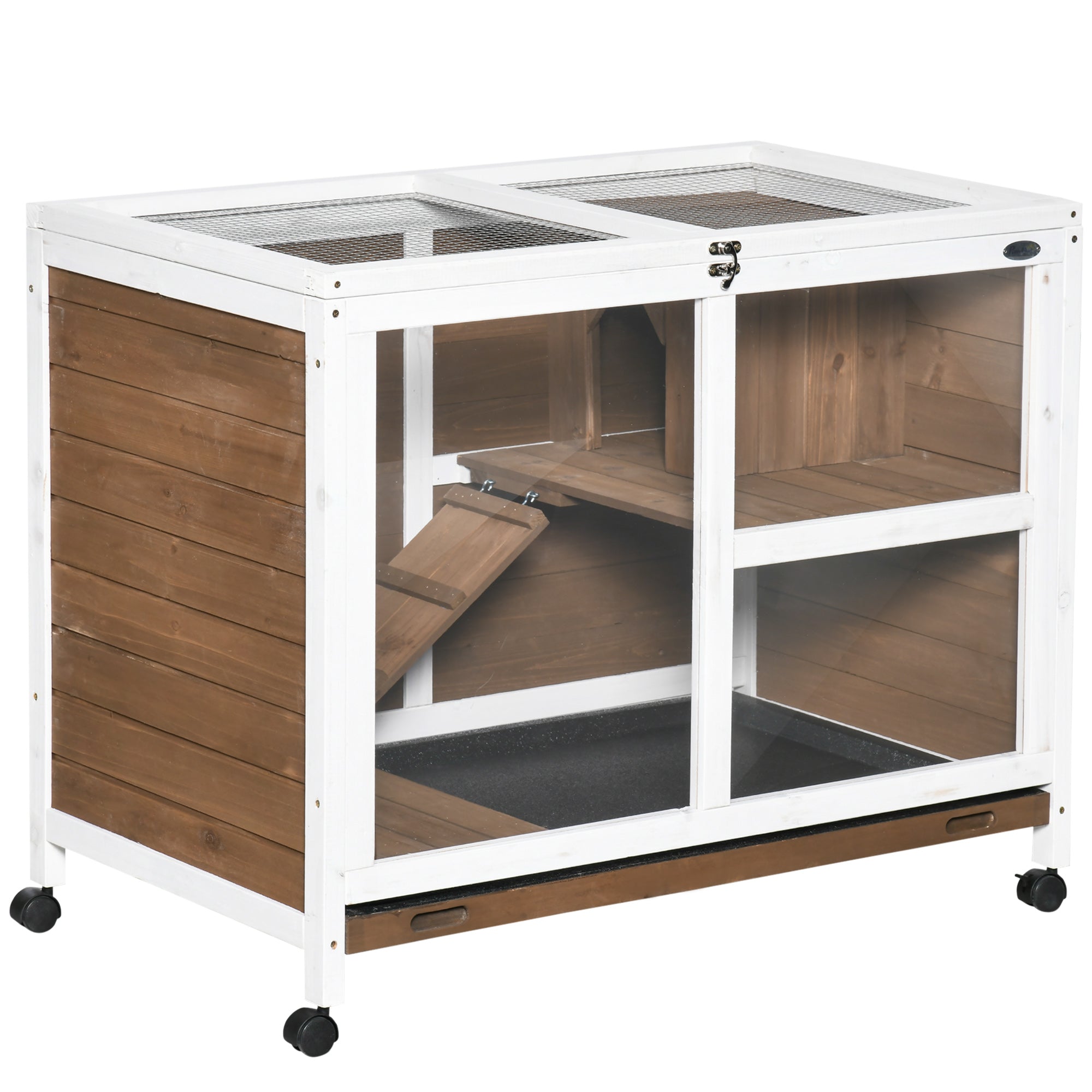 Indoor Rabbit Hutch with Wheels, Bunny Cage Guinea Pig House Small Animals Habitat W/ Top Access, Ramp, Pull Out Tray, Brown