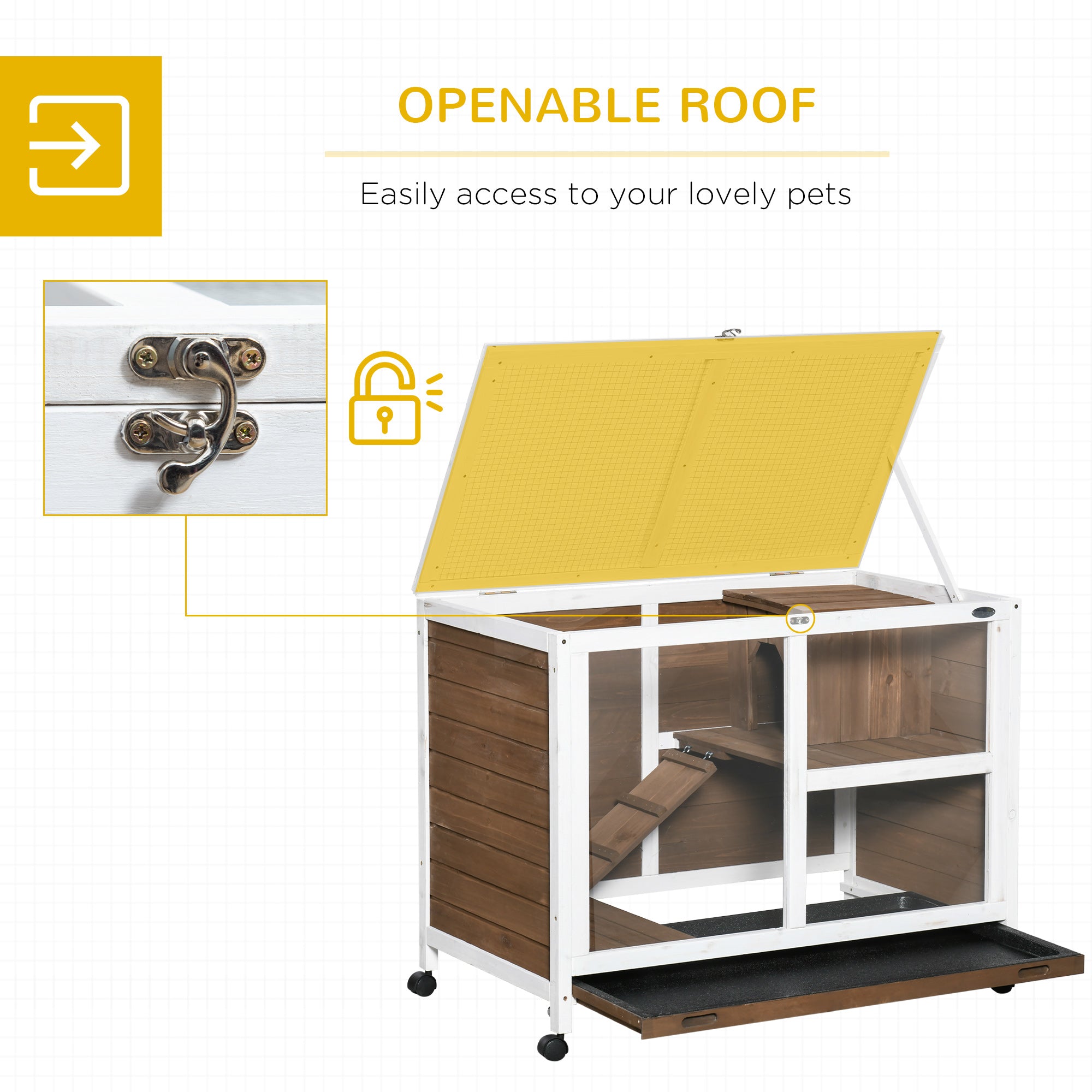 PawHut Rabbit Hutch with Wheels, Desk and Side Table Sized, Wooden Rabbit Cage, Waterproof Small Bunny Cage with Removable Tray, Openable Roof, for Indoor & Outdoor, Brown