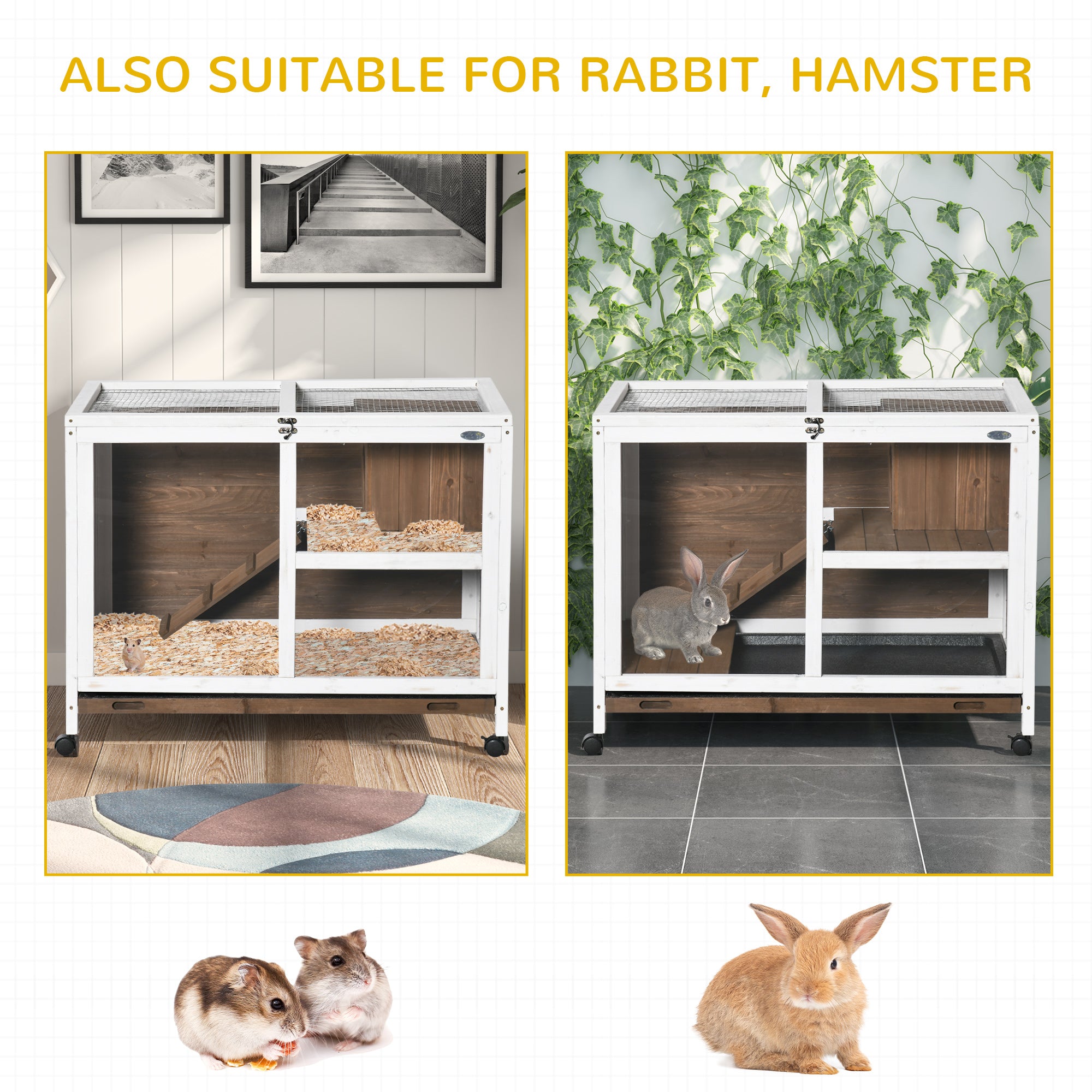 PawHut Rabbit Hutch with Wheels, Desk and Side Table Sized, Wooden Rabbit Cage, Waterproof Small Bunny Cage with Removable Tray, Openable Roof, for Indoor & Outdoor, Brown