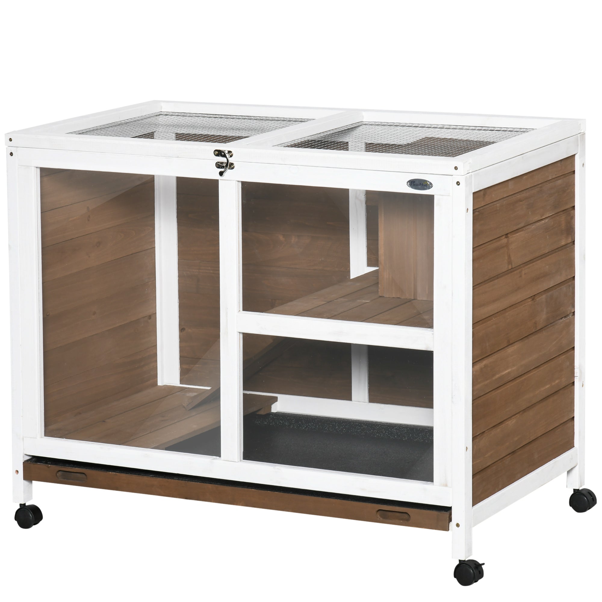 Indoor Rabbit Hutch with Wheels, Bunny Cage Guinea Pig House Small Animals Habitat W/ Top Access, Ramp, Pull Out Tray, Brown