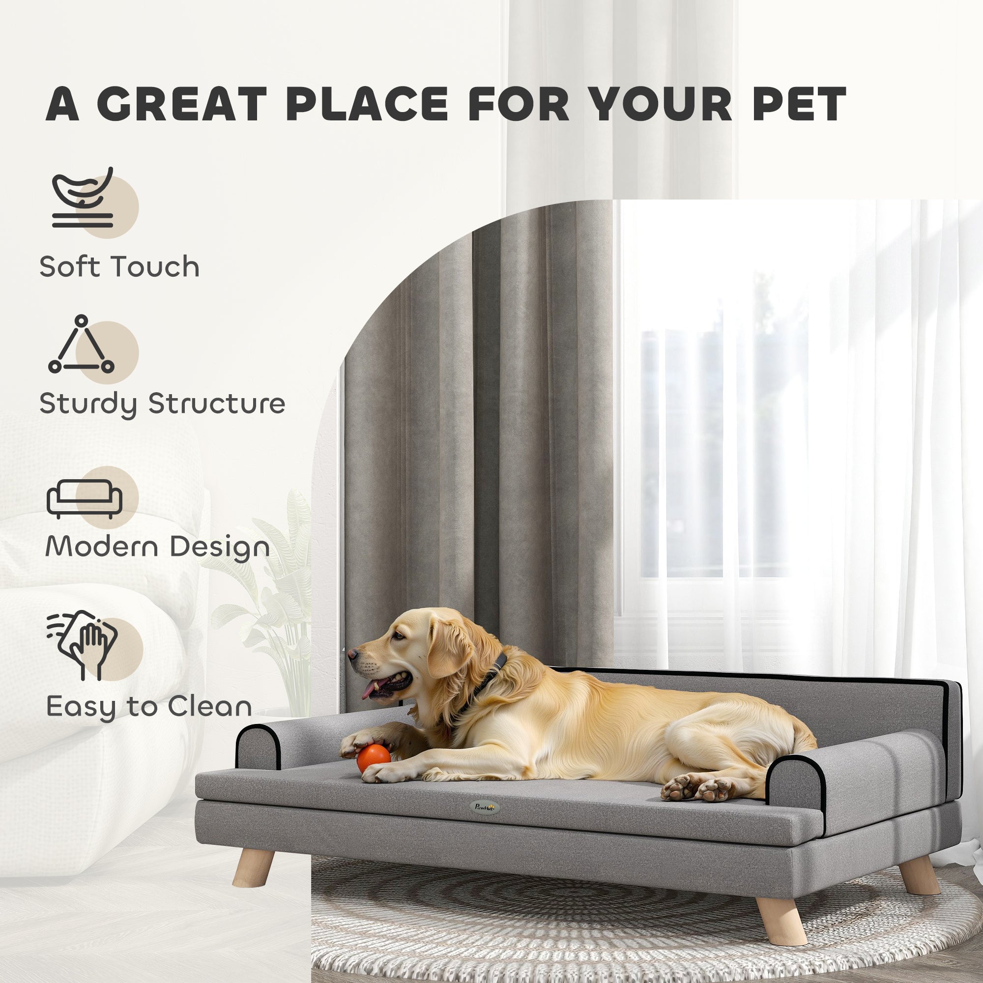 Dog Sofa, 39" Cat Couch with Removable Cushion, Washable Cover, Wooden Legs, Elevated Pet Cat Sofa for Medium & Large Dogs, Light Grey