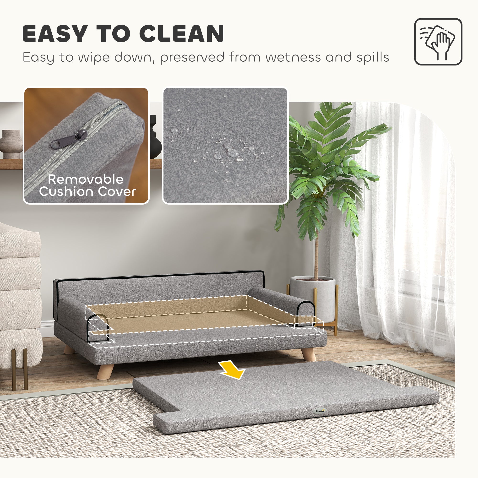 Dog Sofa, 39" Cat Couch with Removable Cushion, Washable Cover, Wooden Legs, Elevated Pet Cat Sofa for Medium & Large Dogs, Light Grey