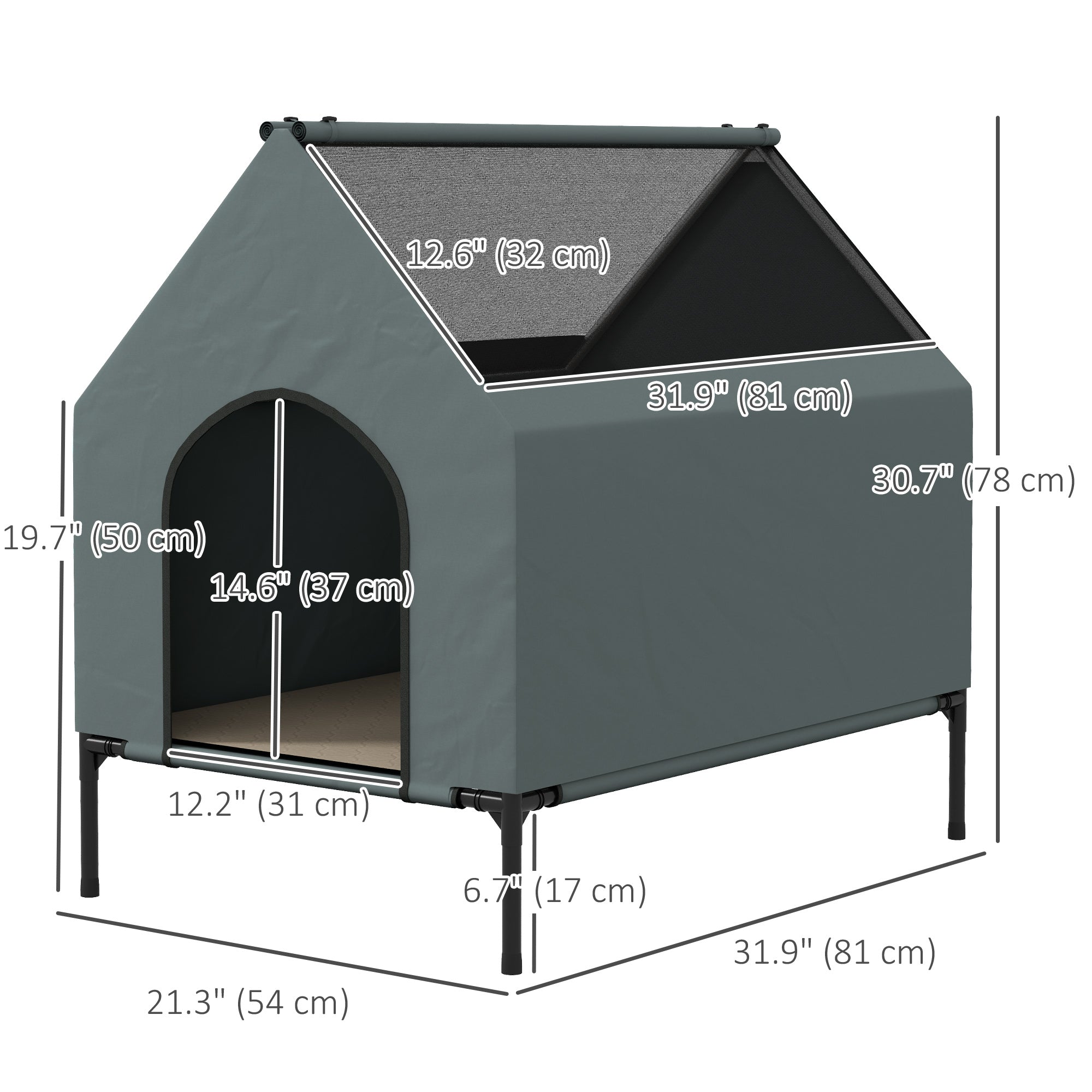 Dog House Outdoor, Elevated Dog House Dog Bed with Removable Cover, Mesh Windows, Storage Bag, for Small and Medium-Sized Dogs, Grey