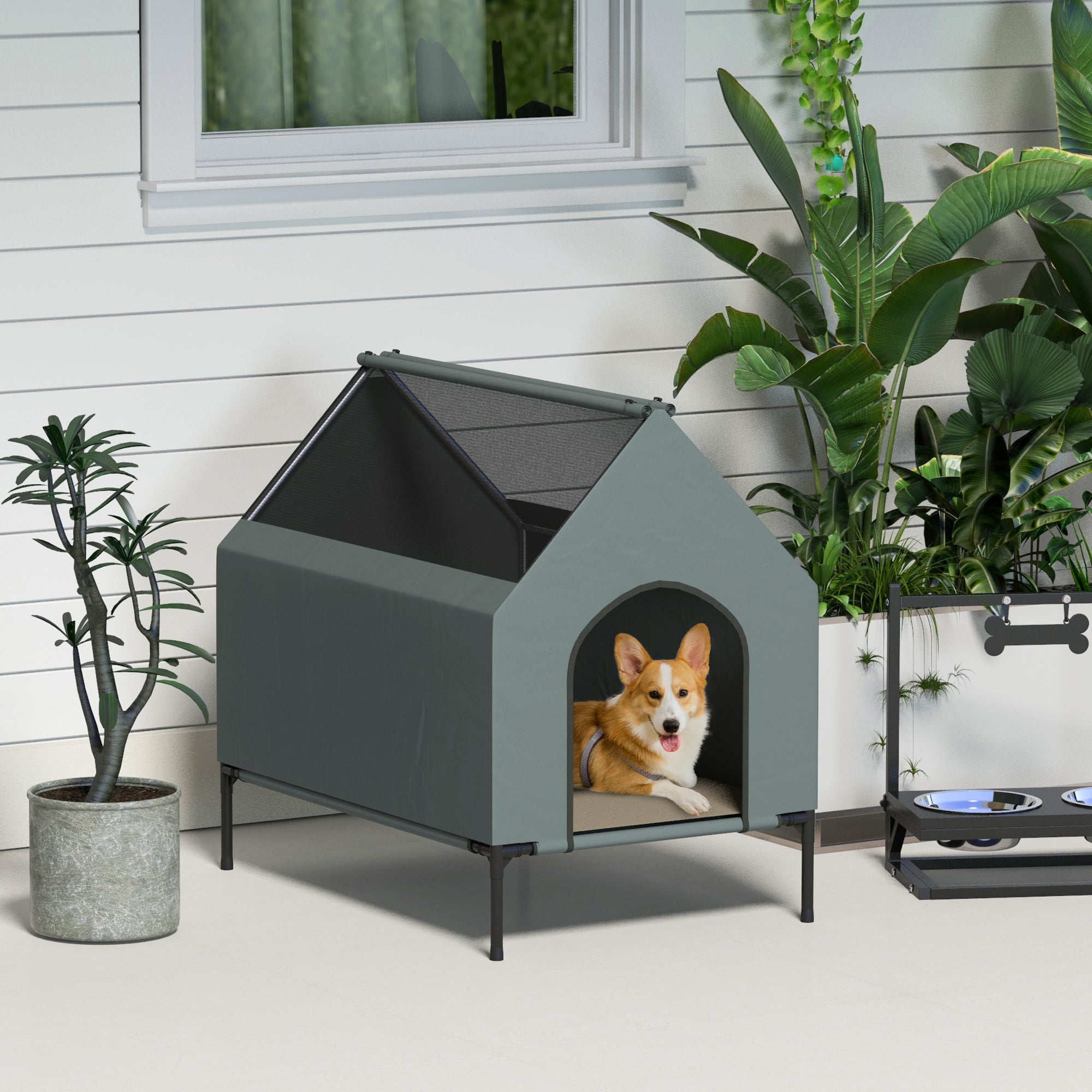Dog House Outdoor, Elevated Dog House Dog Bed with Removable Cover, Mesh Windows, Storage Bag, for Small and Medium-Sized Dogs, Grey