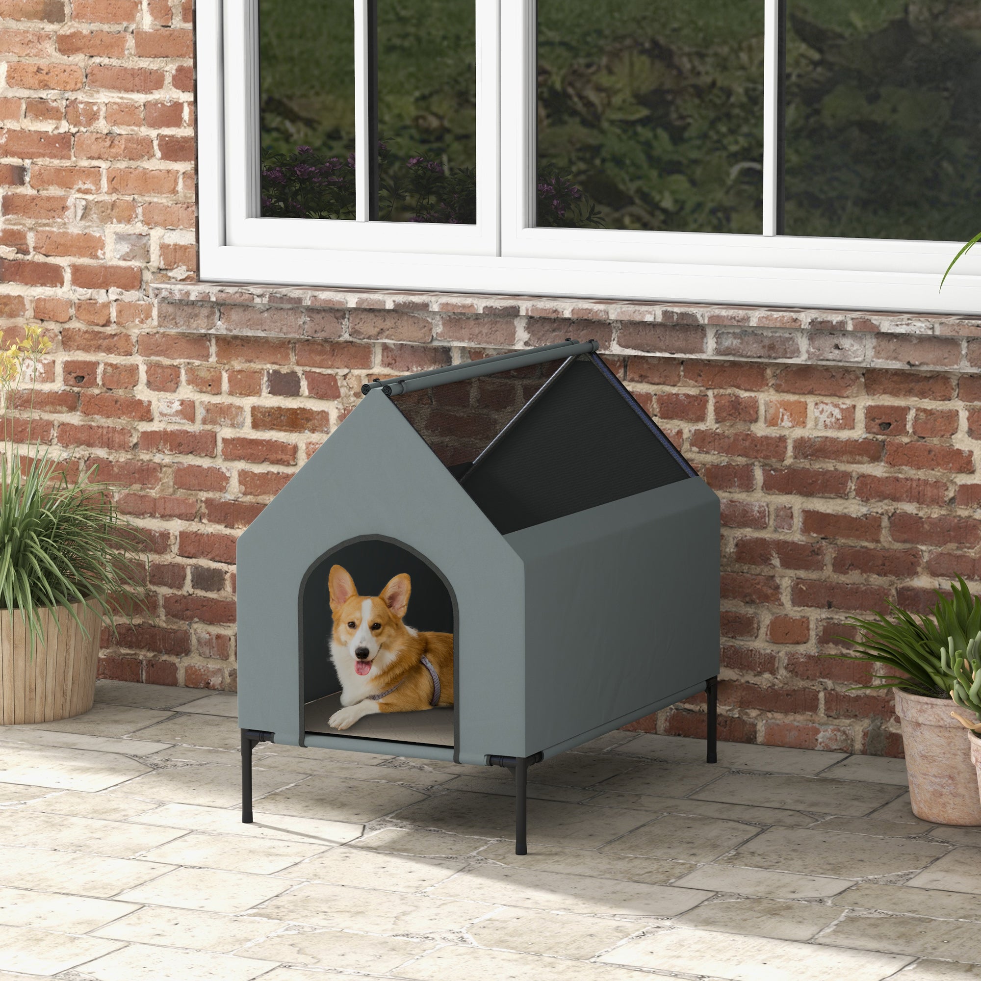 Dog House Outdoor, Elevated Dog House Dog Bed with Removable Cover, Mesh Windows, Storage Bag, for Small and Medium-Sized Dogs, Grey