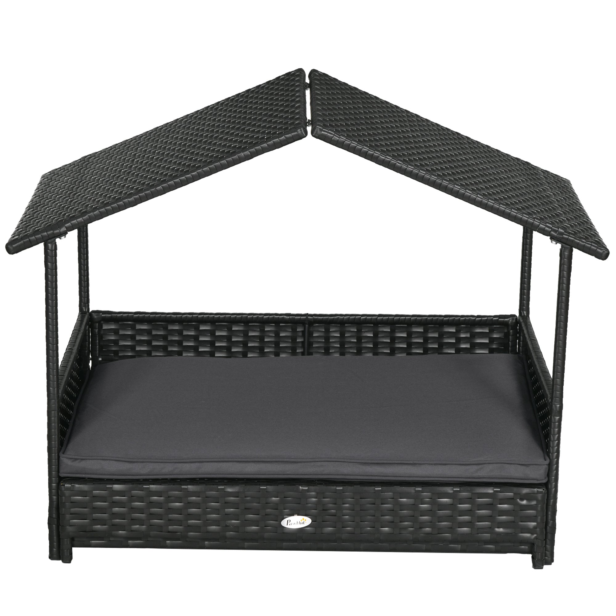 Rattan Dog House, Extendable Outdoor Wicker Dog Bed w/ Water-Resistant Roof, Removable Cushion, for Small and Medium Dogs - Grey