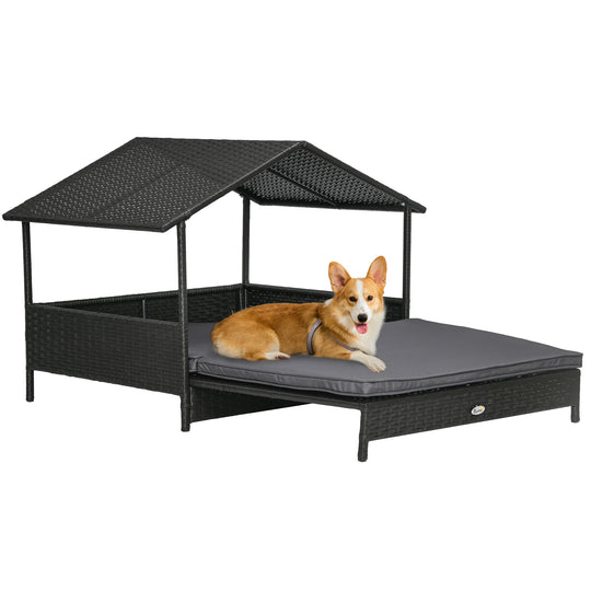 Rattan Dog House, Extendable Outdoor Wicker Dog Bed w/ Water-Resistant Roof, Removable Cushion, for Small and Medium Dogs - Grey