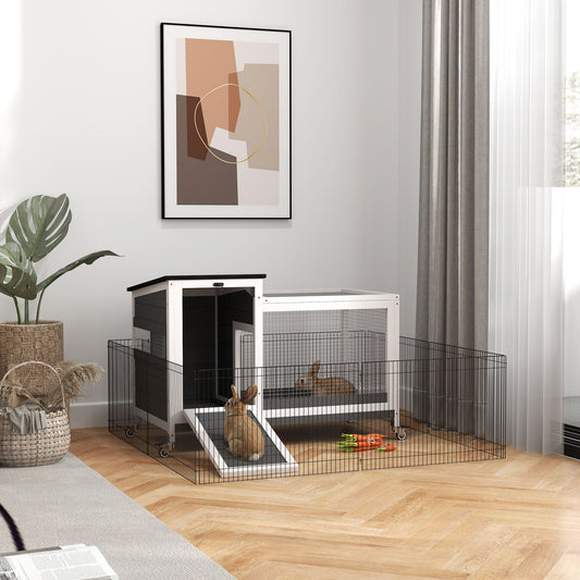 Wooden Rabbit Hutch, Indoor Outdoor Guinea Pig Cage with Pull-Out Tray, Asphalt Openable Roof, Small Animal Cage on Wheels with Run, Dark Grey