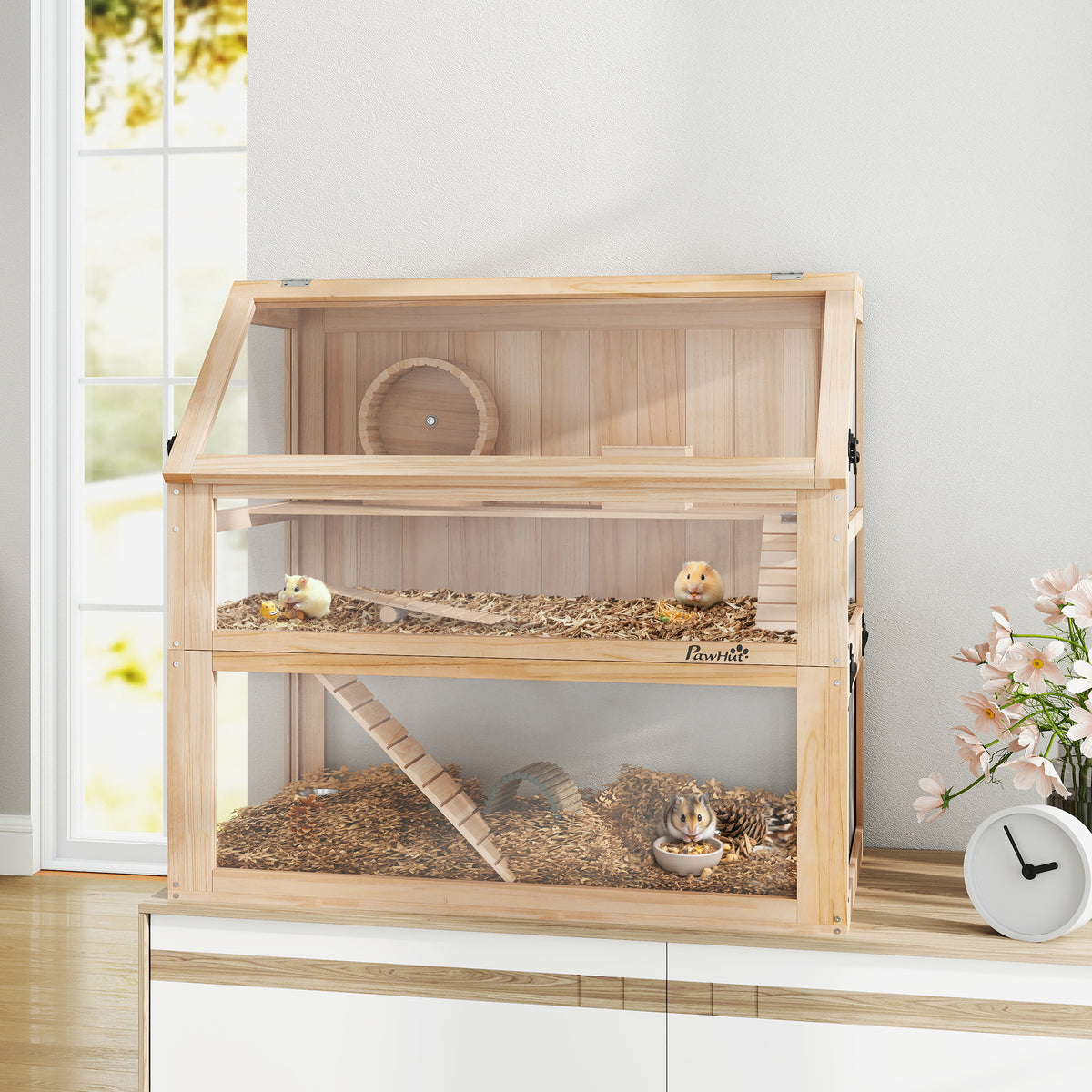 PawHut 3-Tier Wooden Hamster Cage with Wheel Hut & Ramps 80 x 50 x 76 ...