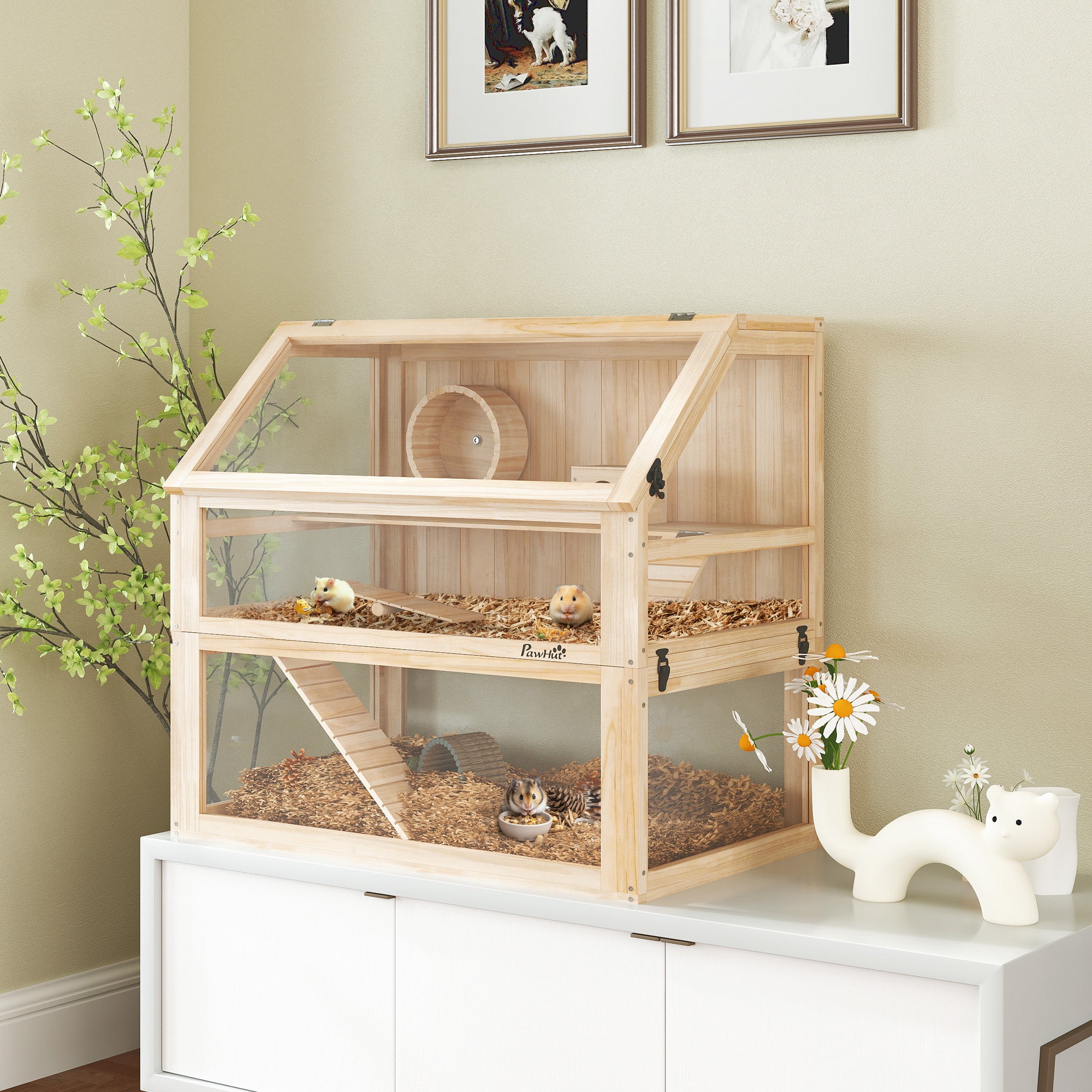 Wooden Hamster Cage, 3 Tier Small Gerbil Cage with Detachable 31cm Deep Bottom, Hut, Seesaw, Exercise Wheel, Ramps, Natural Wood Finish