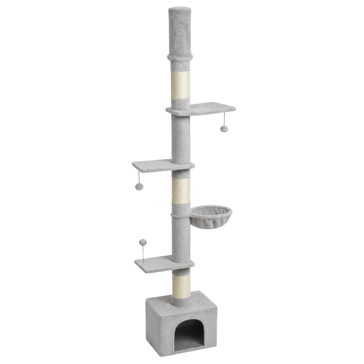 Floor to Ceiling Cat Tree, 230-250cm Multi-Level Cat Tower with Adjustable Height, Scratching Posts, Condo, Platforms and 3 Dangling Balls, Activity Tree for Indoor Kittens, Light Grey