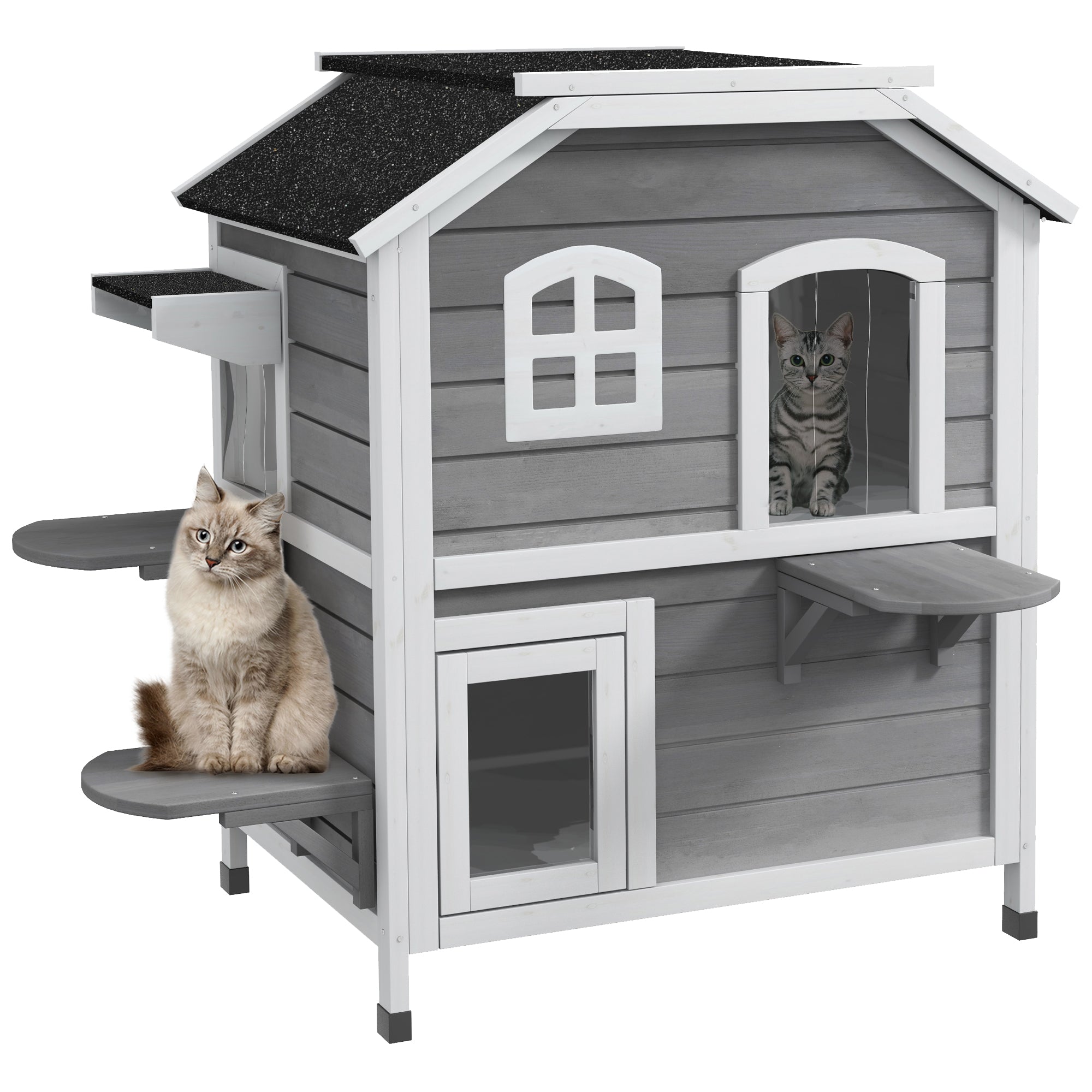  2-story Cat House Outdoor, Weatherproof Wooden Cat Enclosure for Feral Cats with Escape Door, Openable Roof, Jumping Platforms, Grey