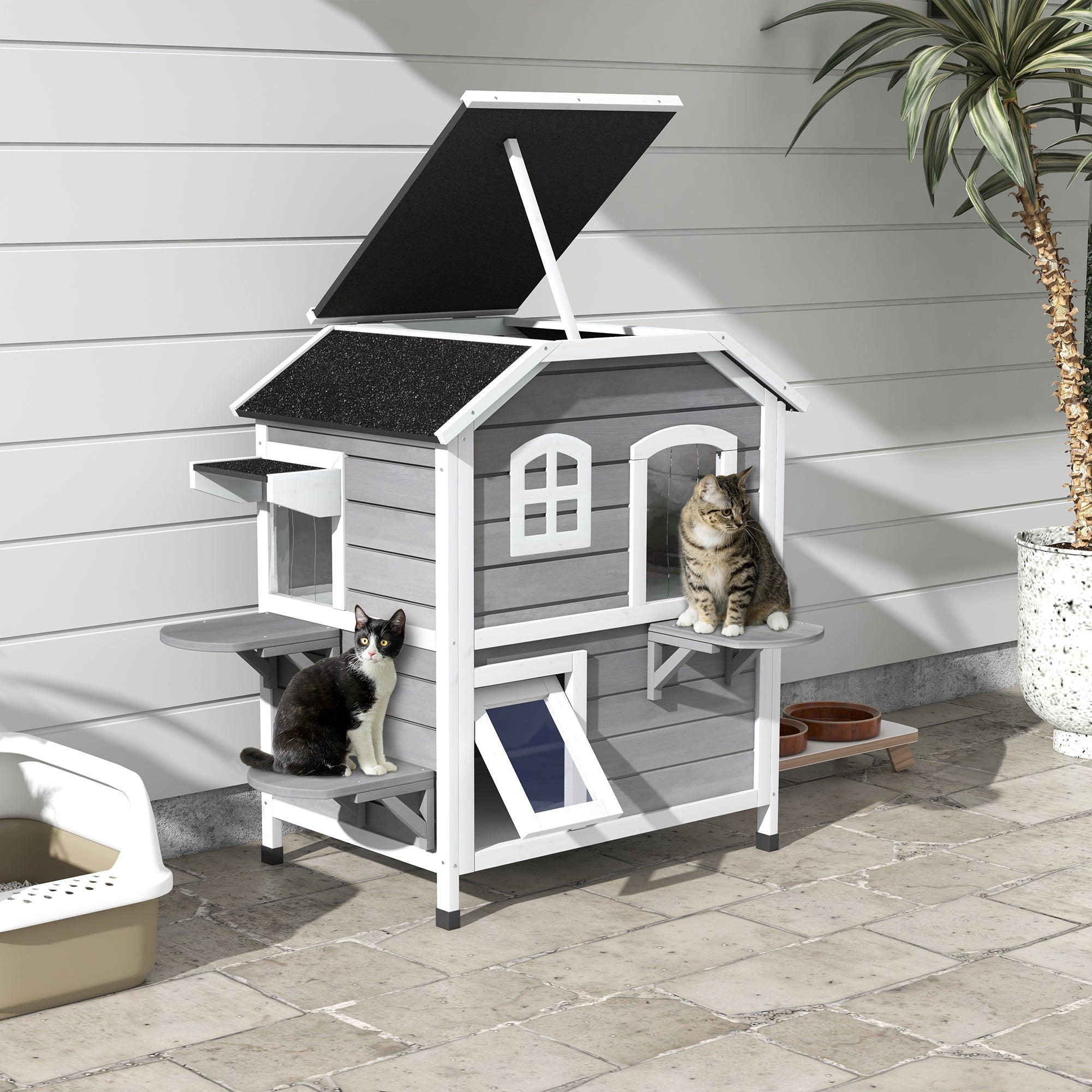  2-story Cat House Outdoor, Weatherproof Wooden Cat Enclosure for Feral Cats with Escape Door, Openable Roof, Jumping Platforms, Grey